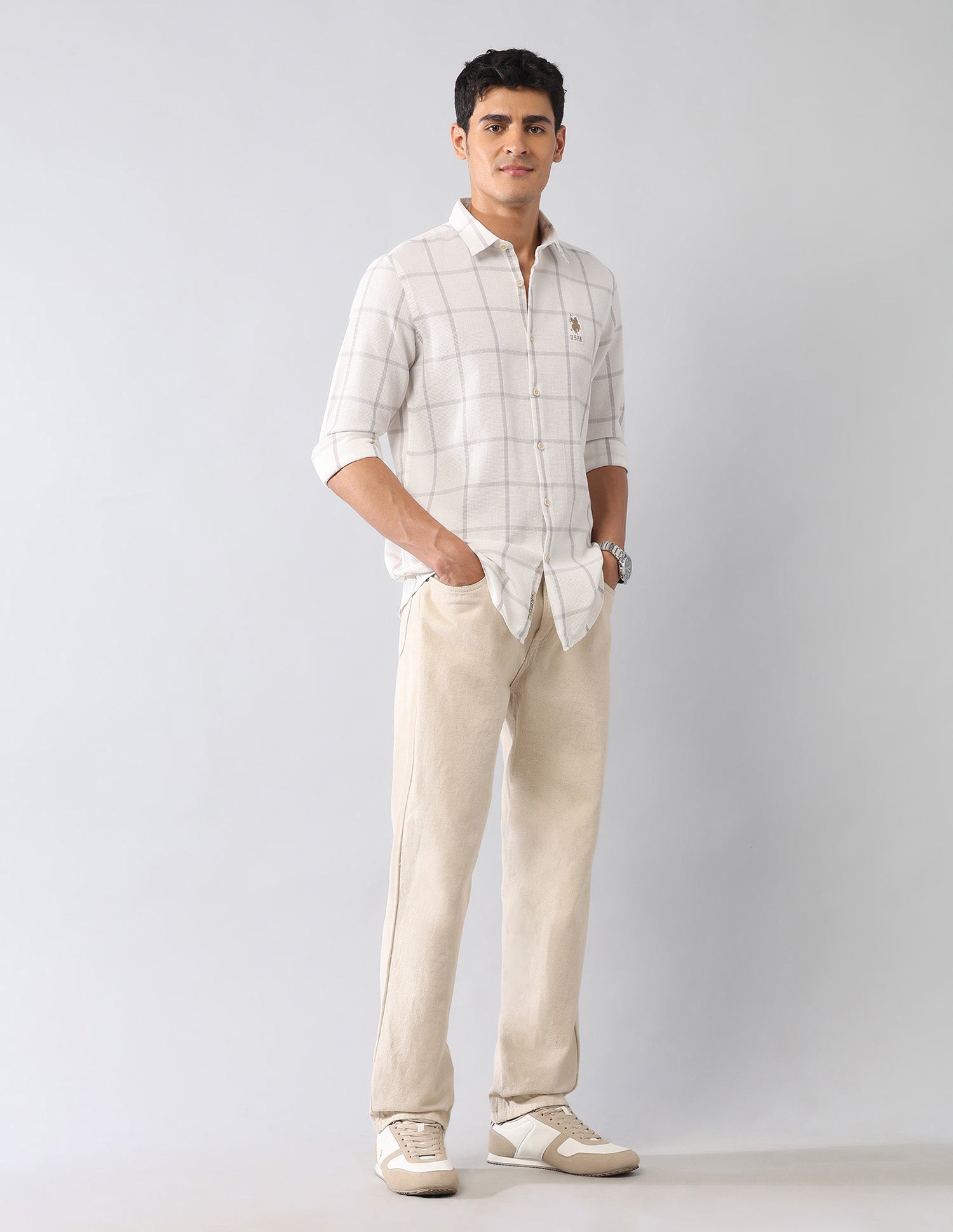 Windowpane Checked Dobby Regular Fit Shirt Khaki - U.S. Polo Assn. India | Large