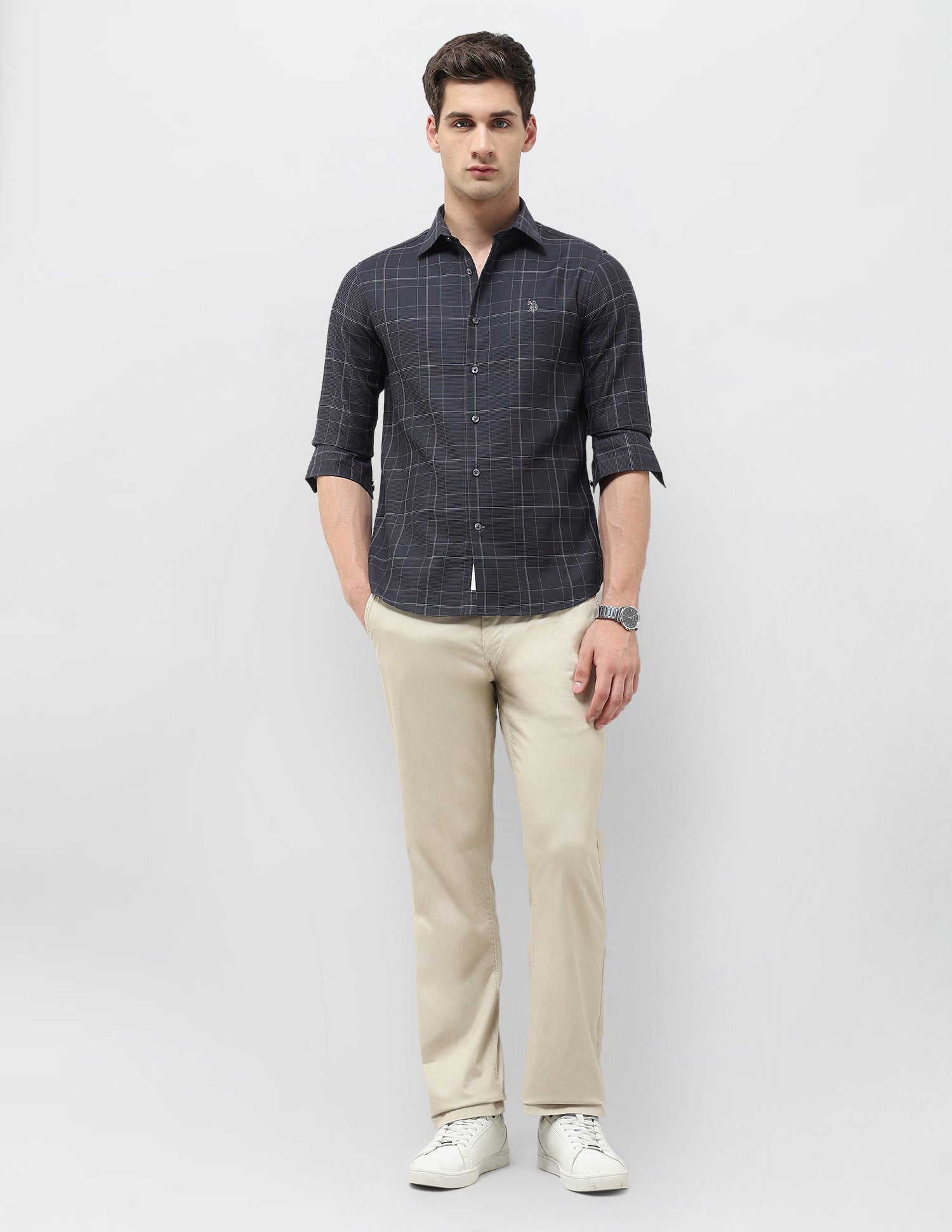 Regular Fit Textured With Grid Checked Shirt Grey - U.S. POLO ASSN. | Large