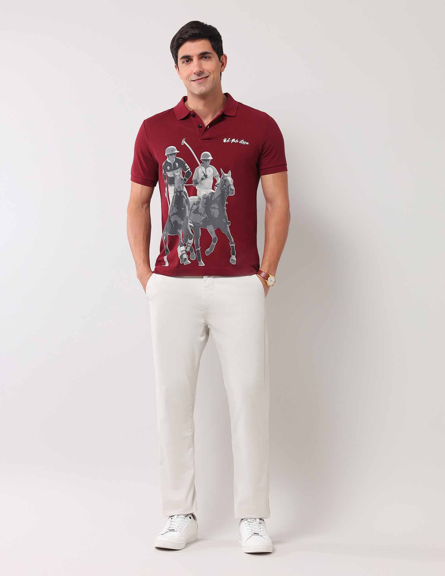 Graphic Printed Pure Cotton Polo Shirt Wine - U.S. POLO ASSN. | Large