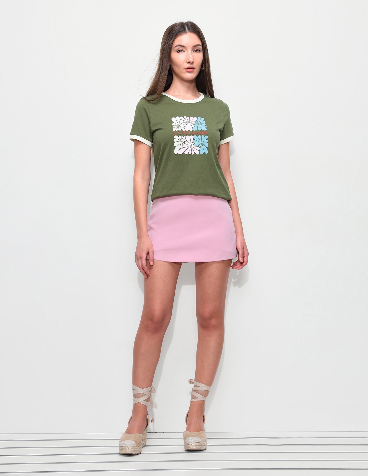 Floral Printed Regular Fit Ringer T-Shirt Olive - U.S. Polo Assn. India | Large