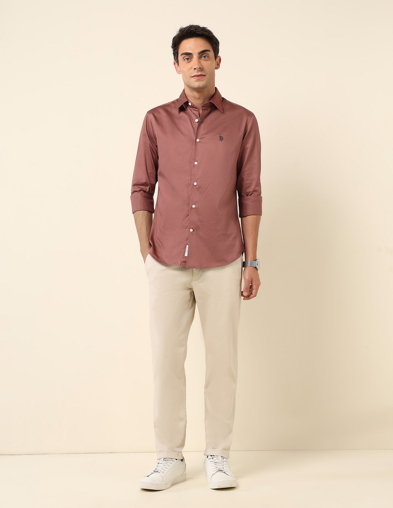 Tailored Fit Satin Pure Cotton Shirt Light Burgundy - U.S. Polo Assn. India | Large