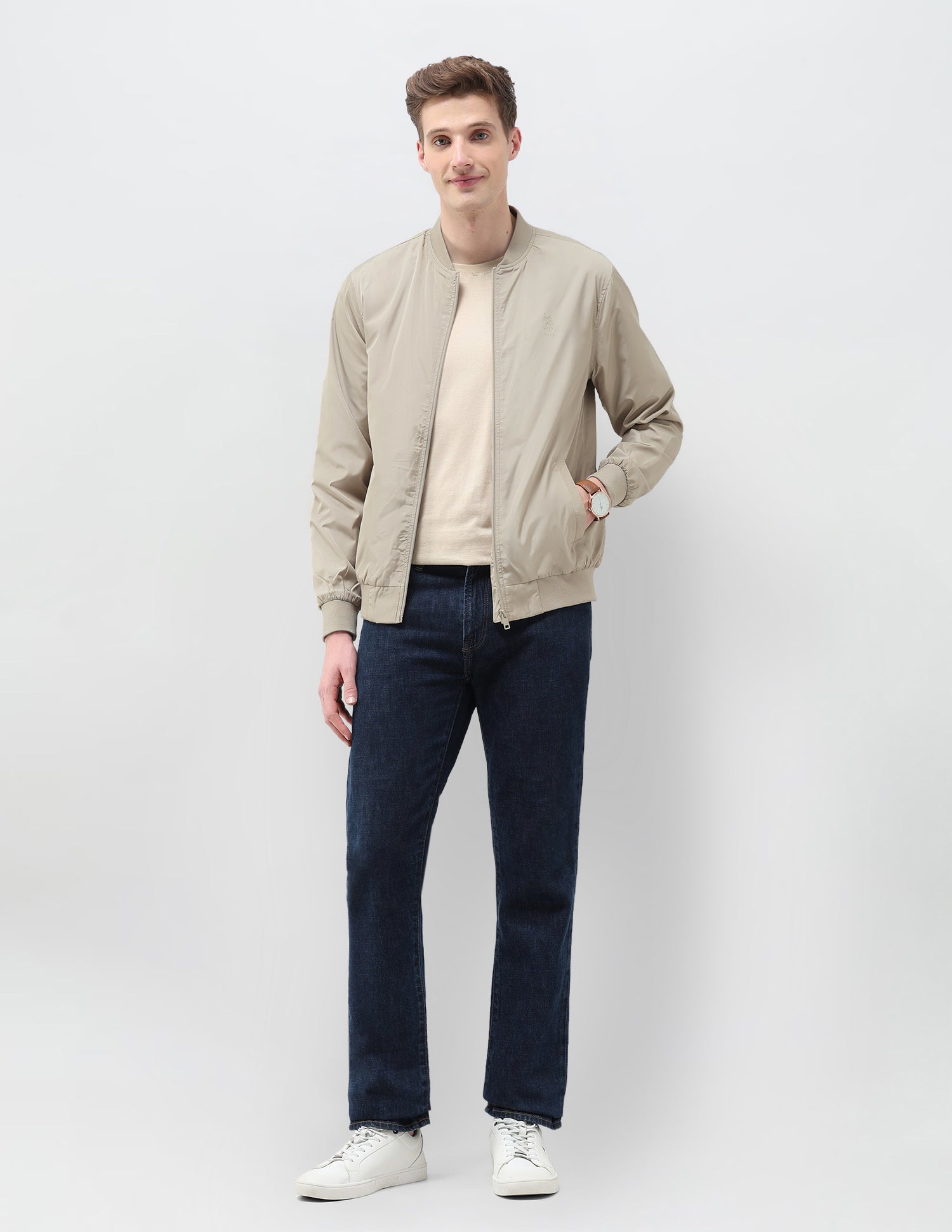 Solid Regular Fit Bomber Jacket Ecru - U.S. Polo Assn. India | Large