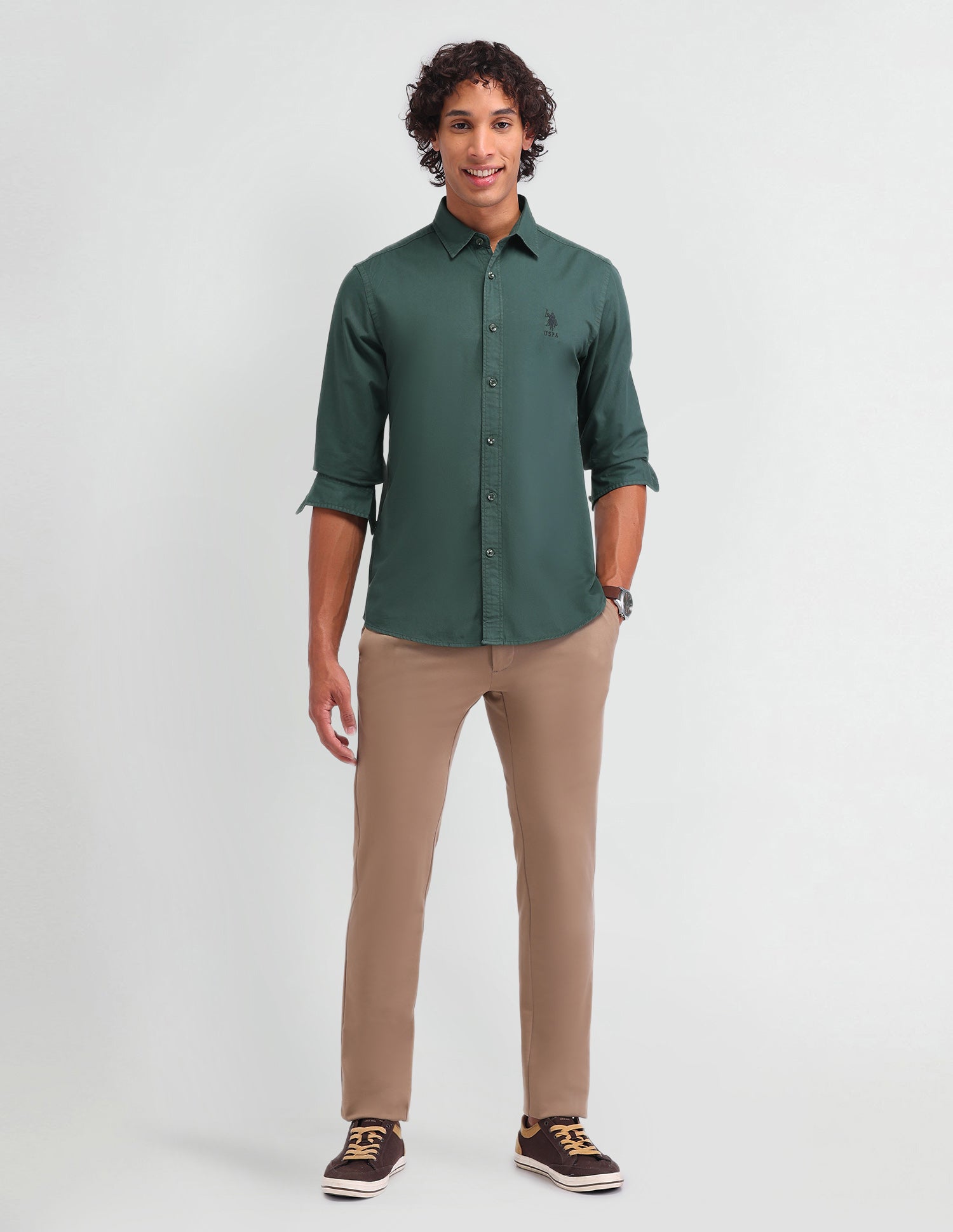 Solid Pattern Slim Fit Shirt Dark Green - U.S. Polo Assn. India | Large