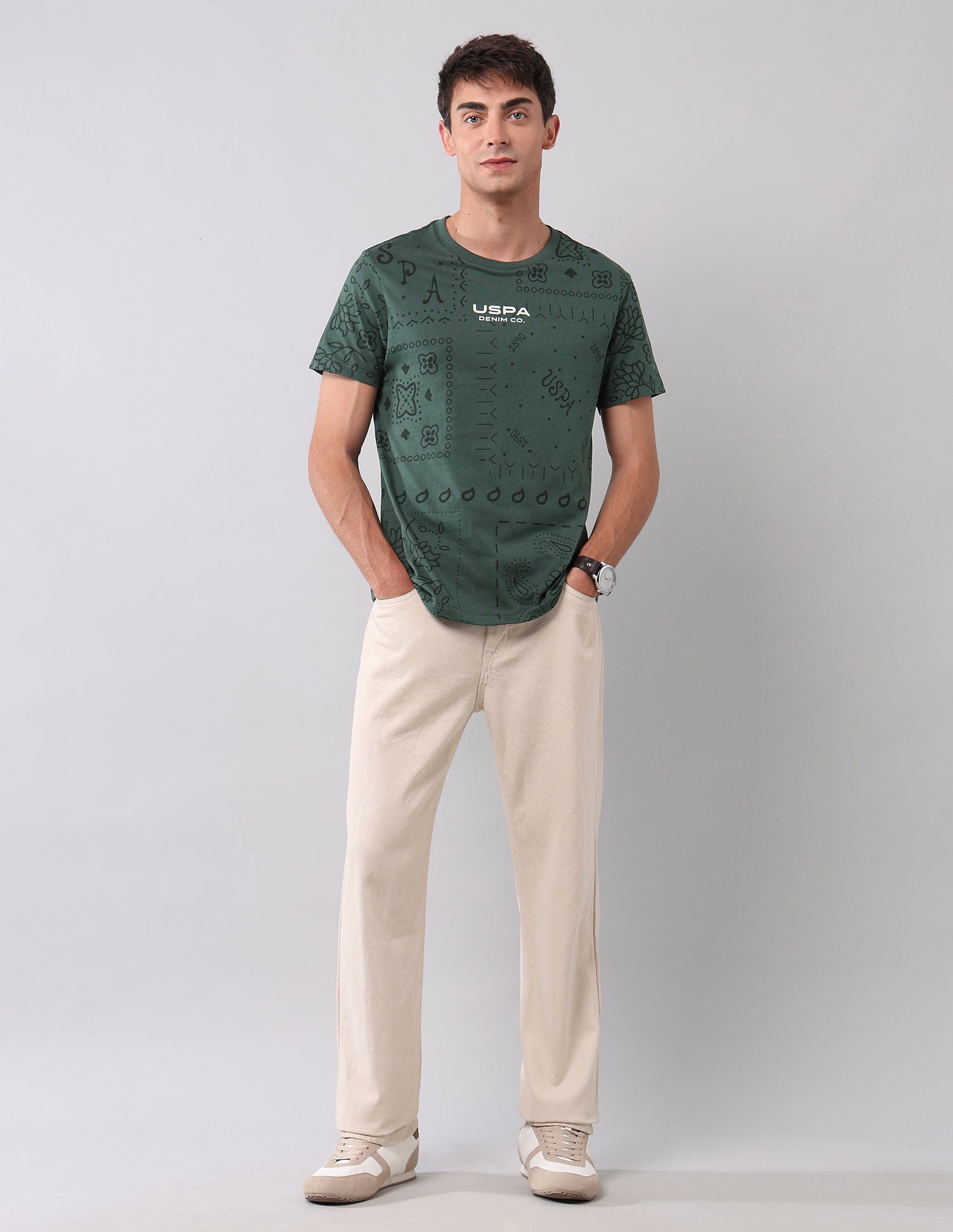 All Over Printed Pure Cotton T-Shirt Olive - U.S. Polo Assn. India | Large