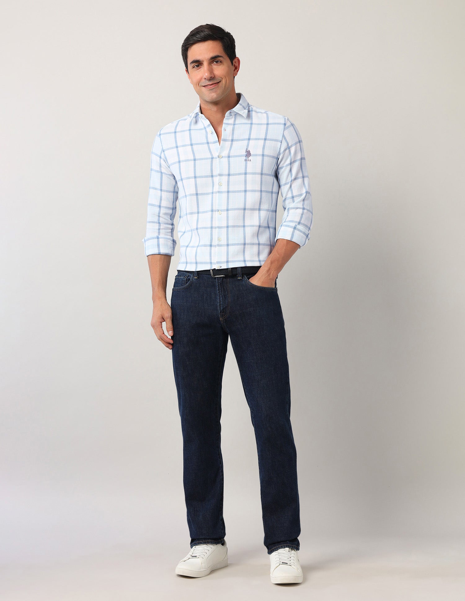 Windowpane Checked Regular Fit Shirt Light Indigo - U.S. Polo Assn. India | Large