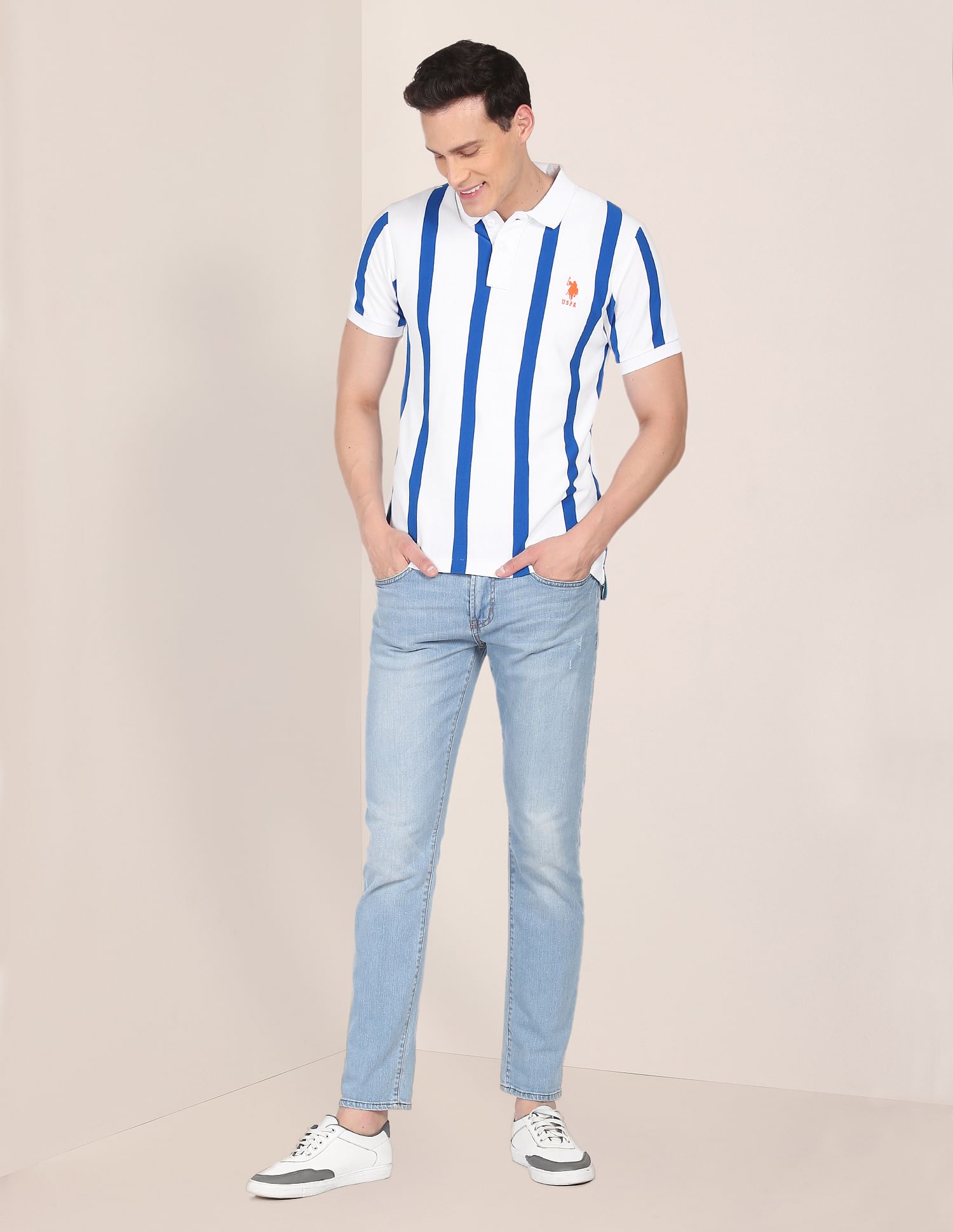 Cotton Vertical Stripe Polo Shirt White and Blue - U.S. Polo Assn. India | Large