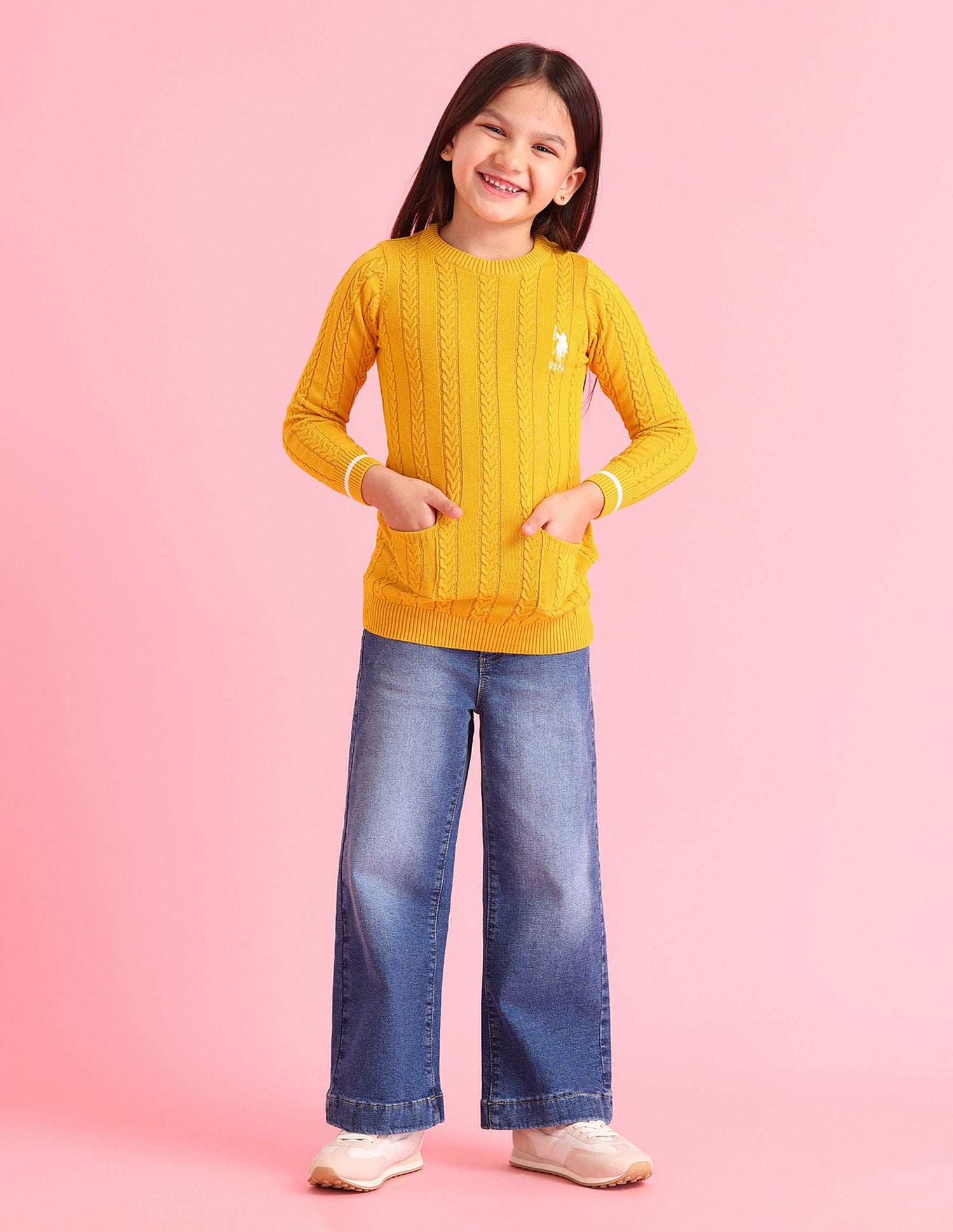 Girls Cable Knit Cotton Sweater Yellow - U.S. POLO ASSN. | Large