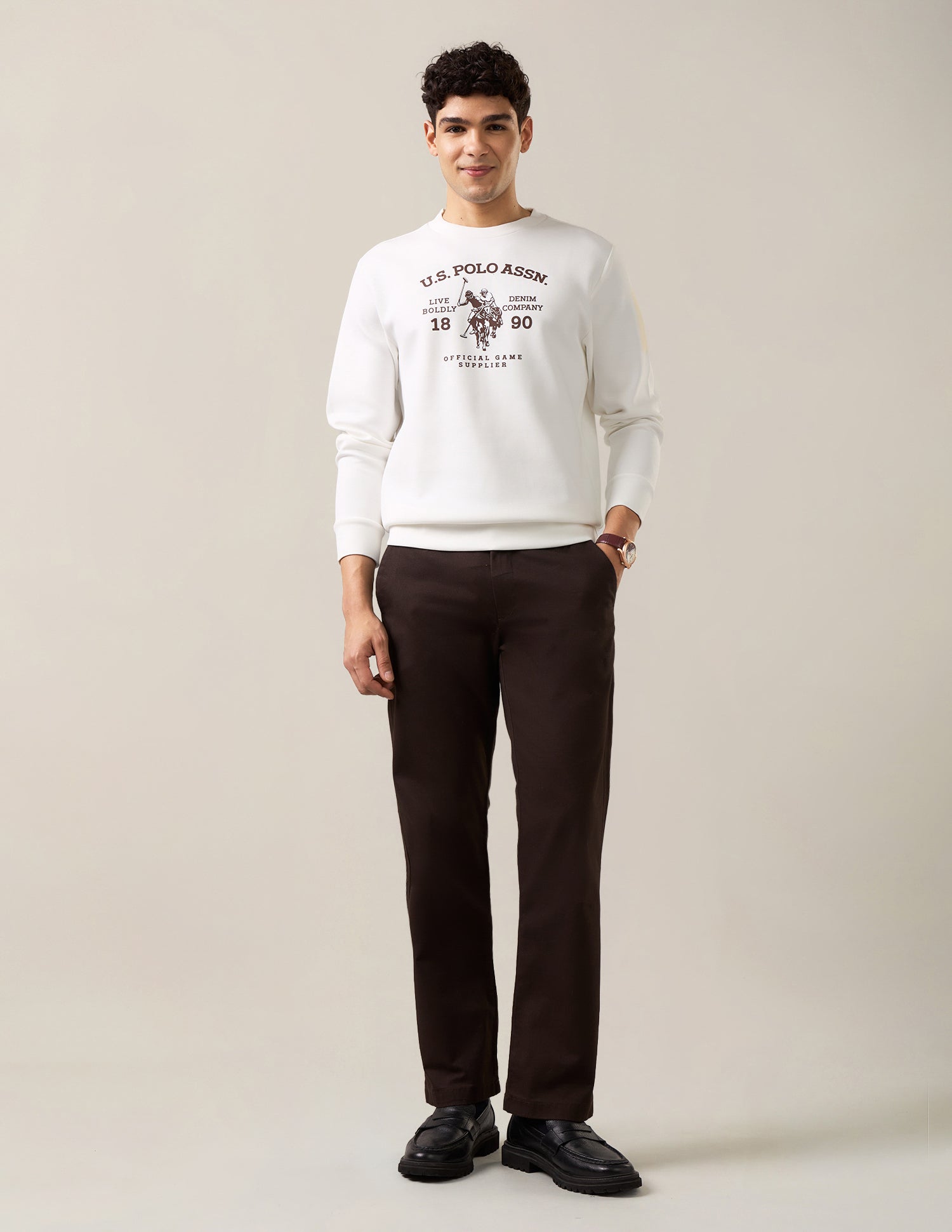 Brand Embossed Regular Fit Sweatshirt Ivory - U.S. Polo Assn. India | Large