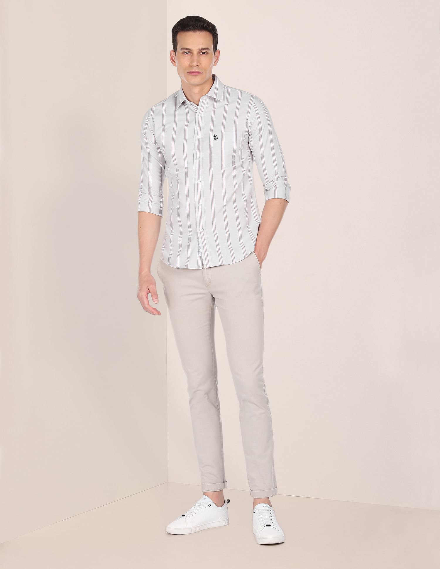 Premium Cotton Striped Casual Shirt Light Grey - U.S. Polo Assn. India | Large