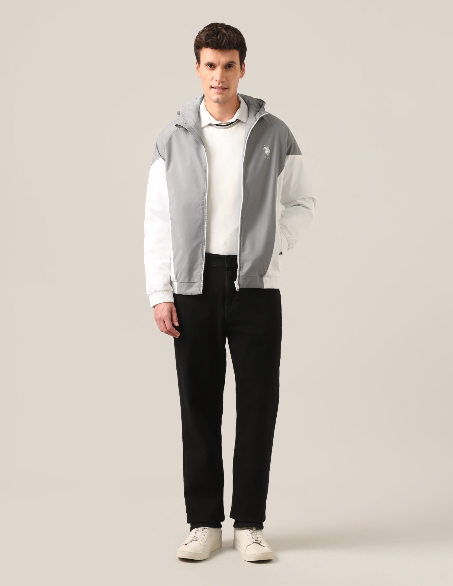Colour Block Logo Hooded Jacket Grey and White - U.S. Polo Assn. India | Large