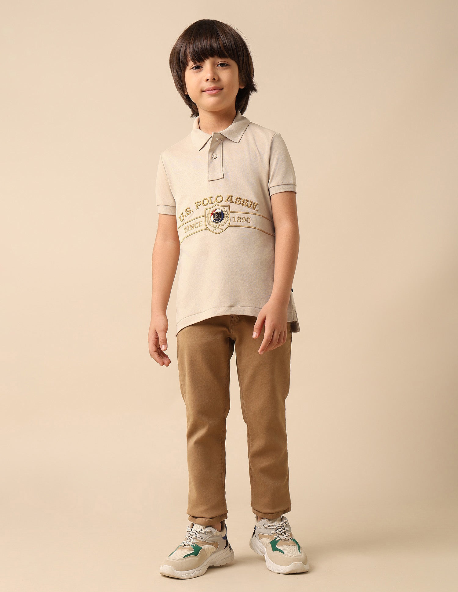 Boys Brand Embroidered Pure Cotton Polo Shirt Beige - U.S. POLO ASSN. | Large