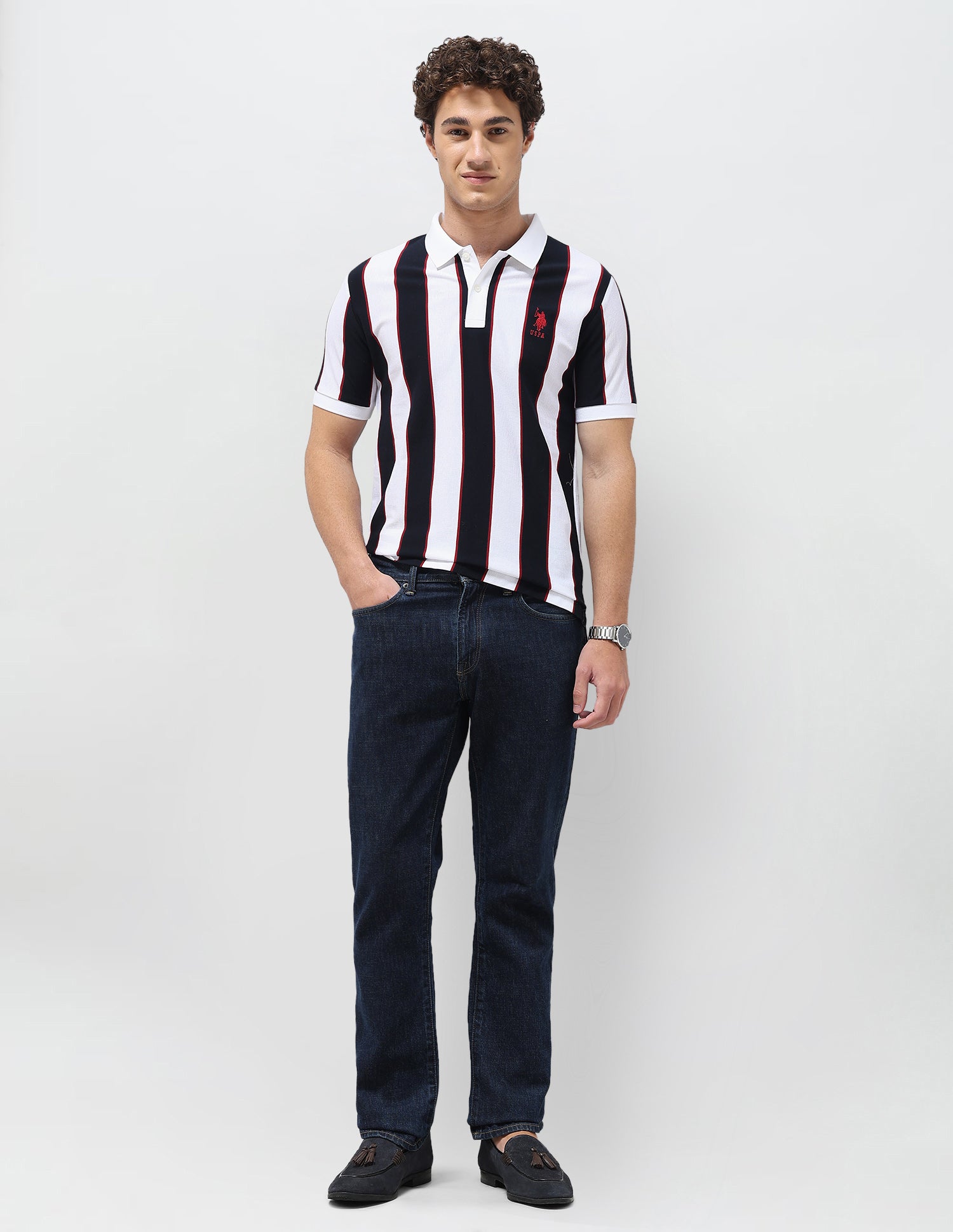 Vertical Striped Slim Fit Polo Shirt White - U.S. Polo Assn. India | Large