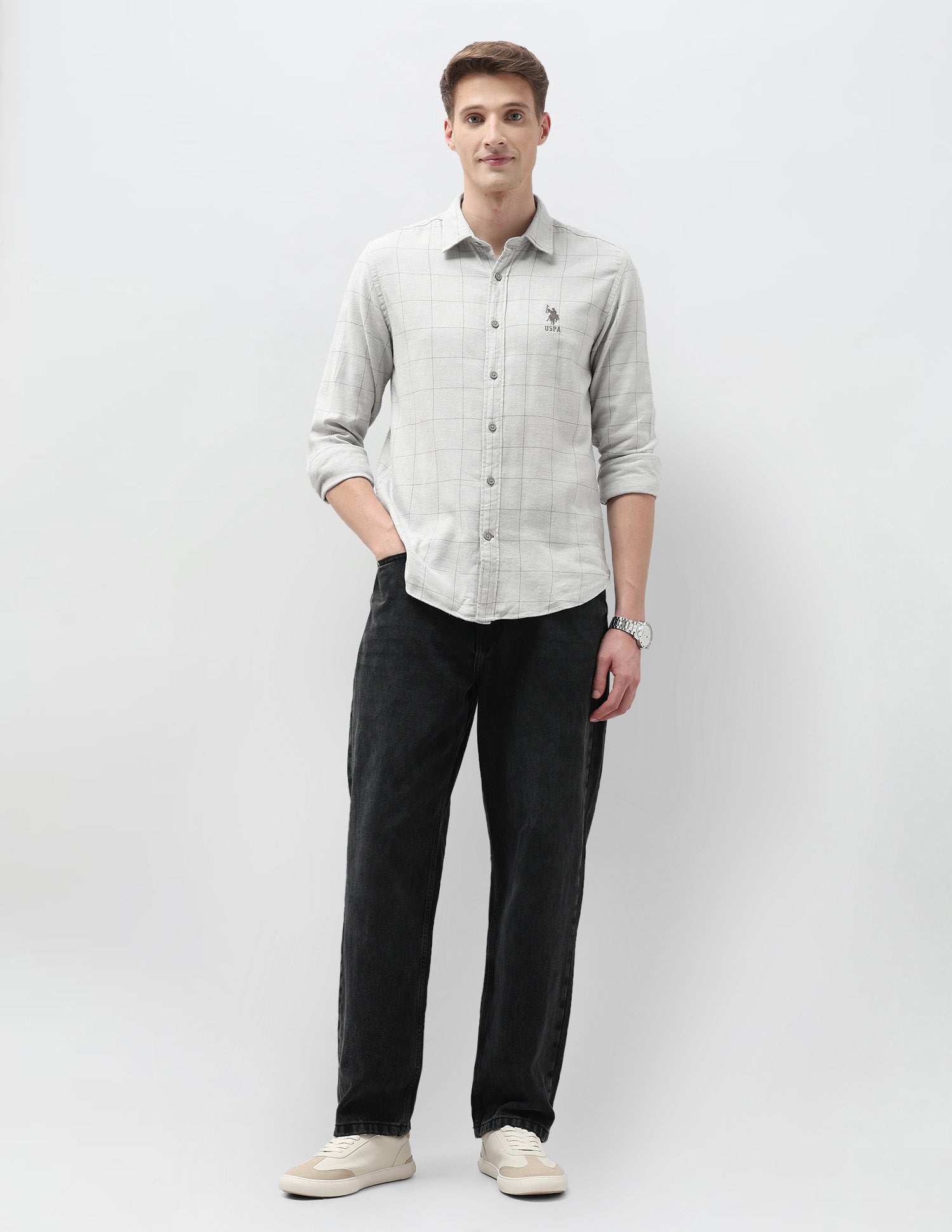 Windowpane Checked Twill Shirt Light Olive - U.S. Polo Assn. India | Large