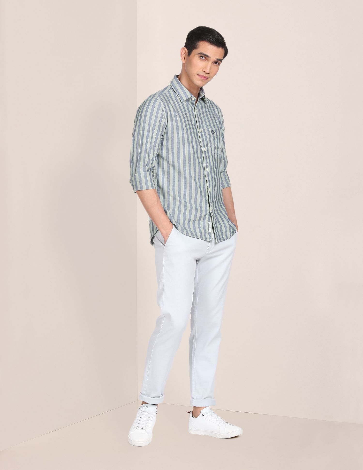 Men Green And Navy Tailored Regular Fit Striped Casual Shirt Green and Navy - U.S. POLO ASSN. | Large