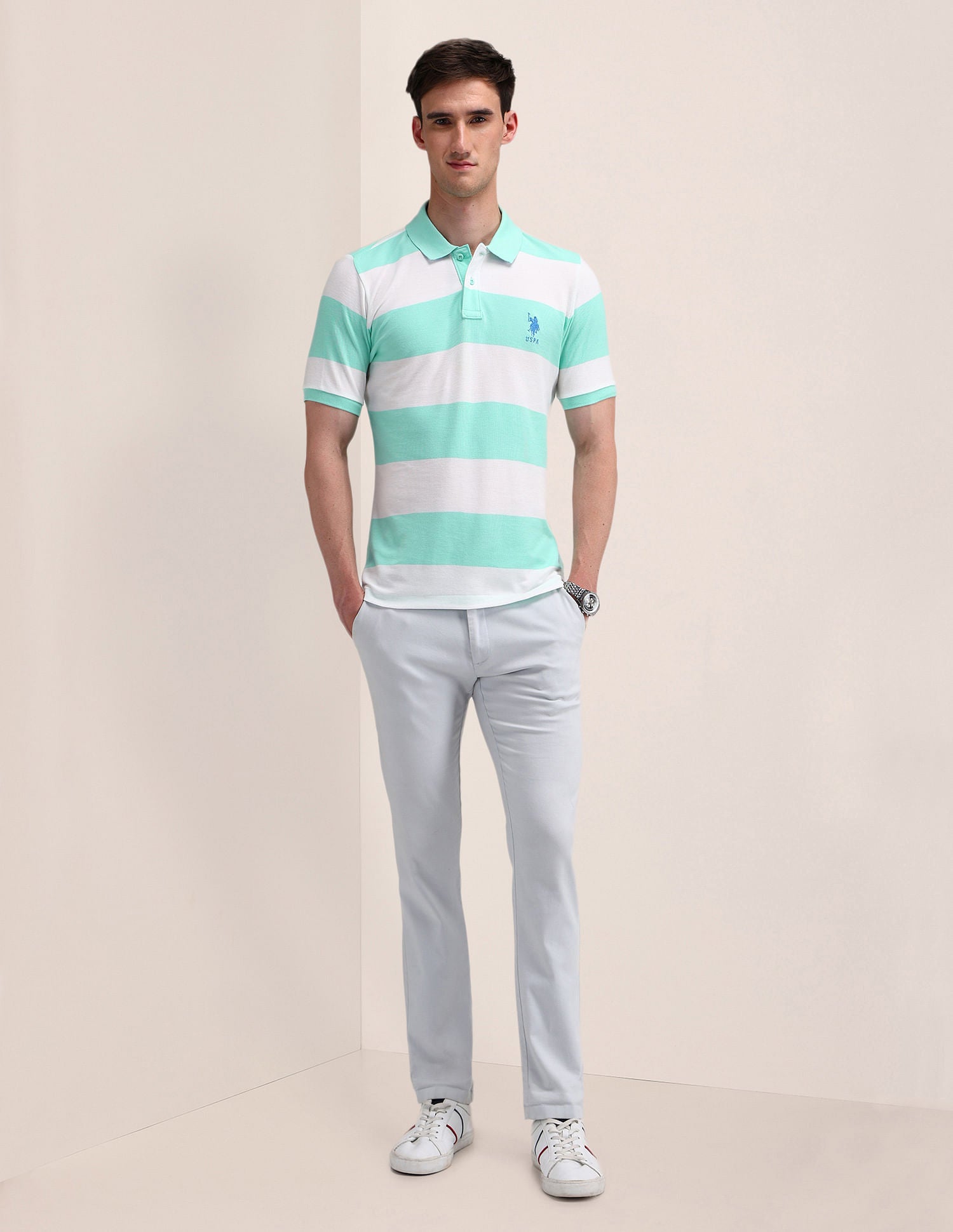 Slim Fit Horizontal Striped Polo Shirt Mint - U.S. Polo Assn. India | Large
