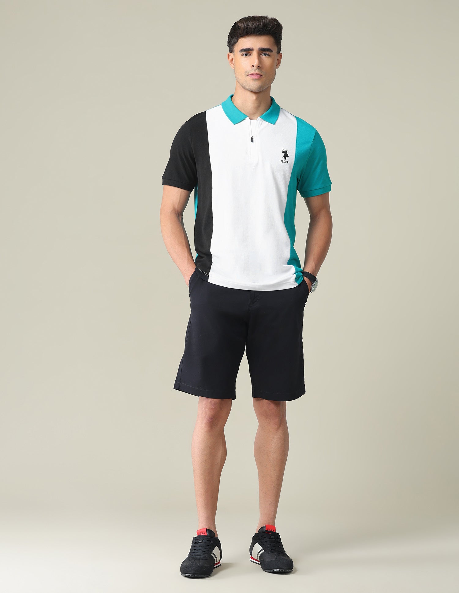 Colour Block Cotton Polo Shirt Green and White - U.S. POLO ASSN. | Large