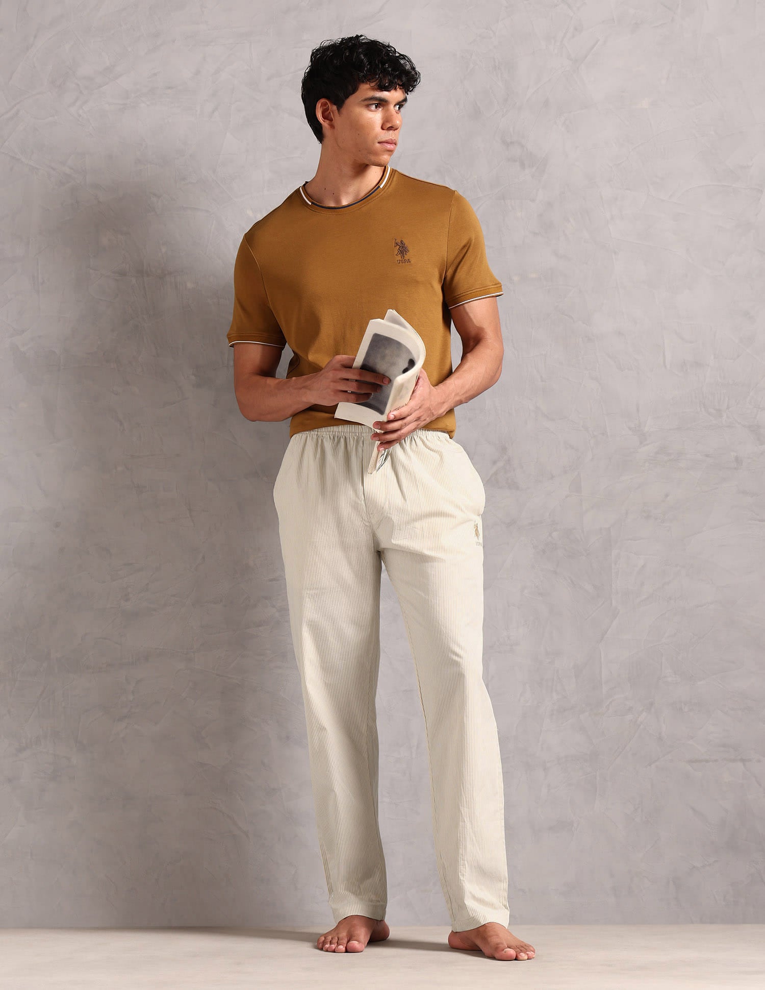 Pure Cotton Striped LP004 Lounge Pants - Pack Of 1 White and Beige - U.S. Polo Assn. India | Large