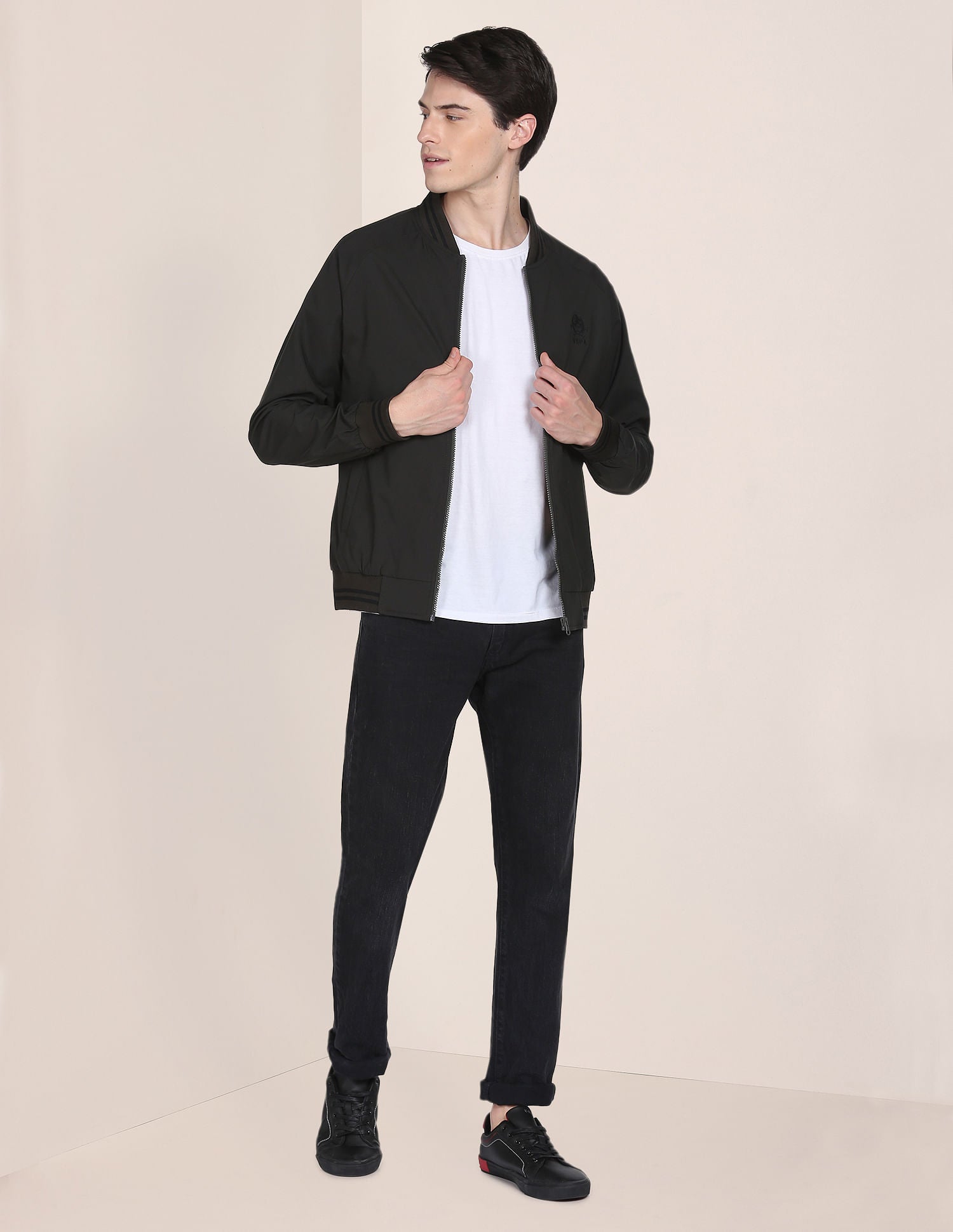 Striped Hem Solid Bomber Jacket Dark Green - U.S. POLO ASSN. | Large