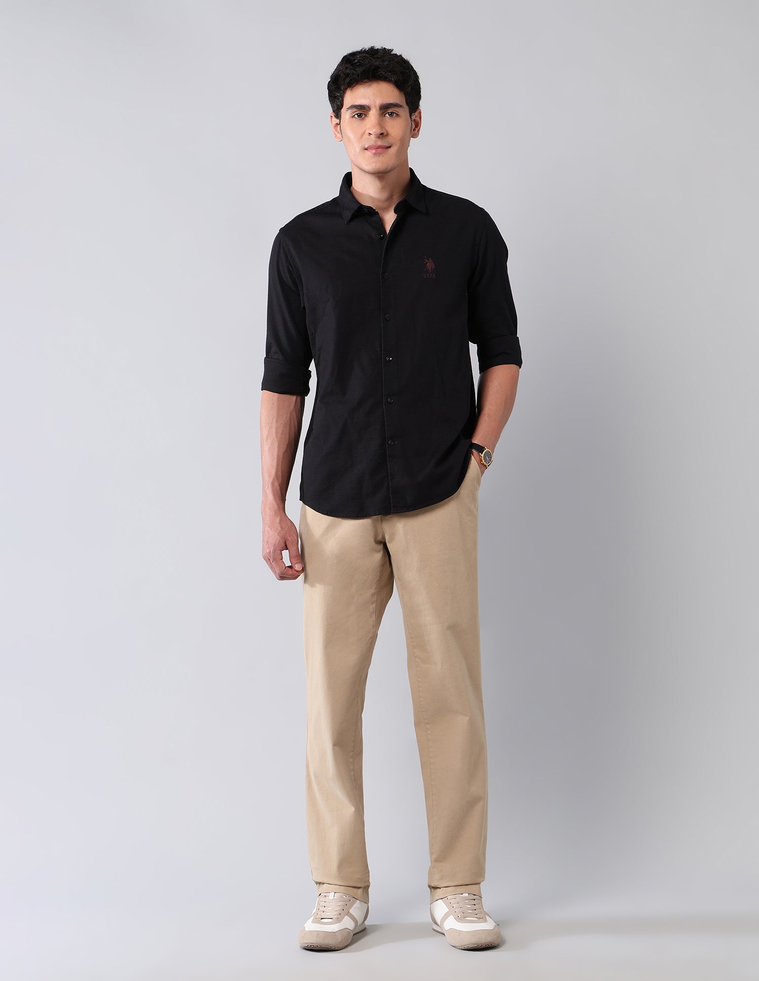 Pure Cotton Regular Fit Dobby Shirt Black - U.S. Polo Assn. India | Large