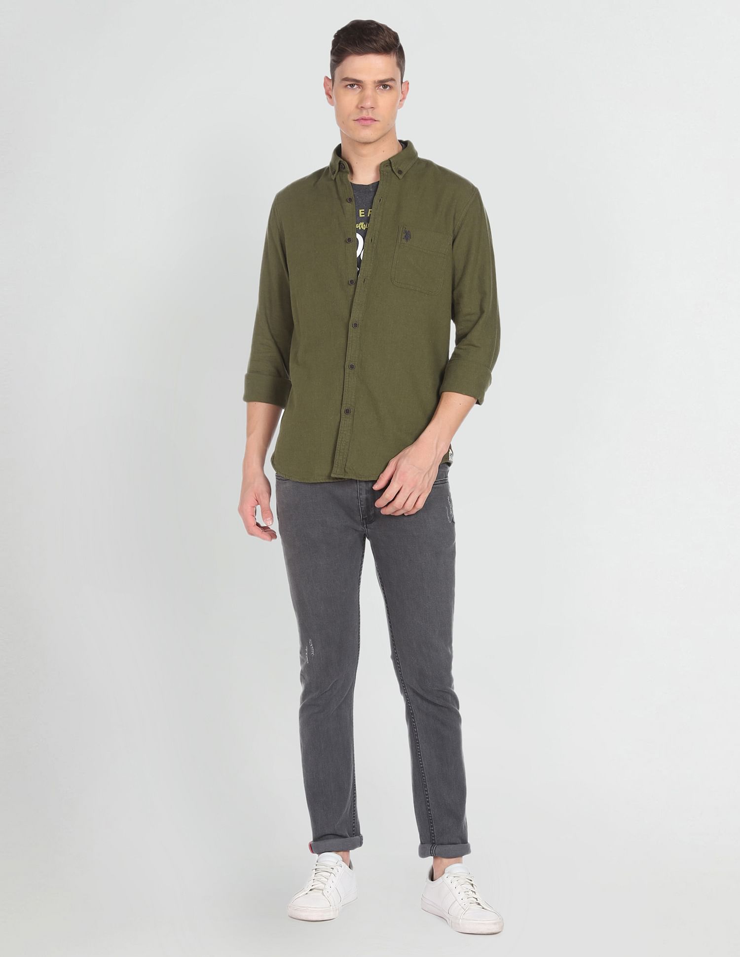 Button Down Collar Twill Casual Shirt Olive - U.S. Polo Assn. India | Large