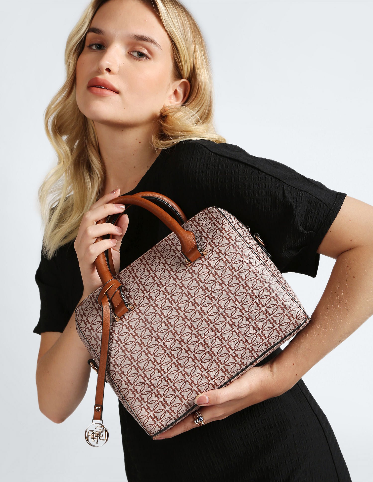 Geometric Print Bowler Handbag Beige - U.S. POLO ASSN. | Large