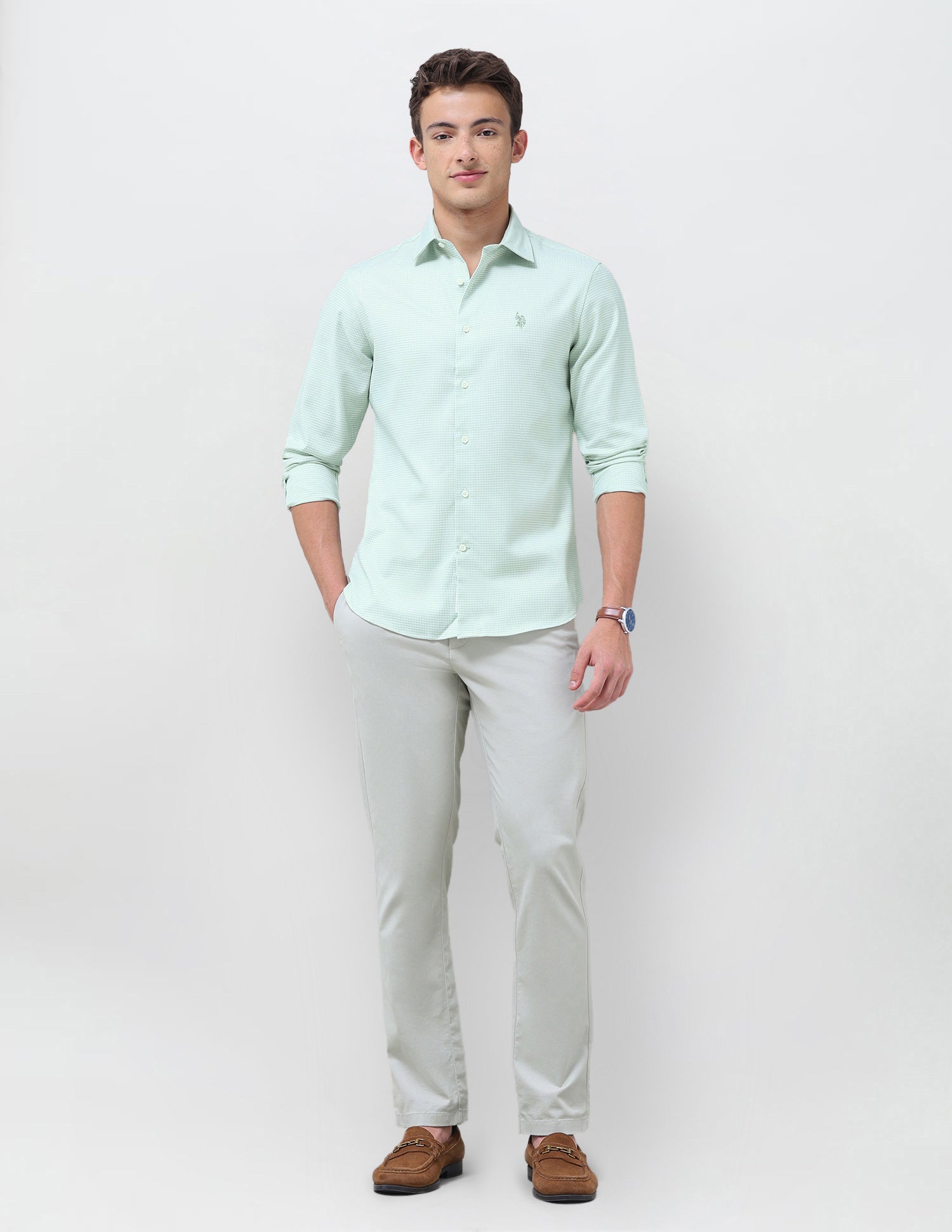 Tailored Fit Micro Checked Shirt Light Green - U.S. Polo Assn. India | Large