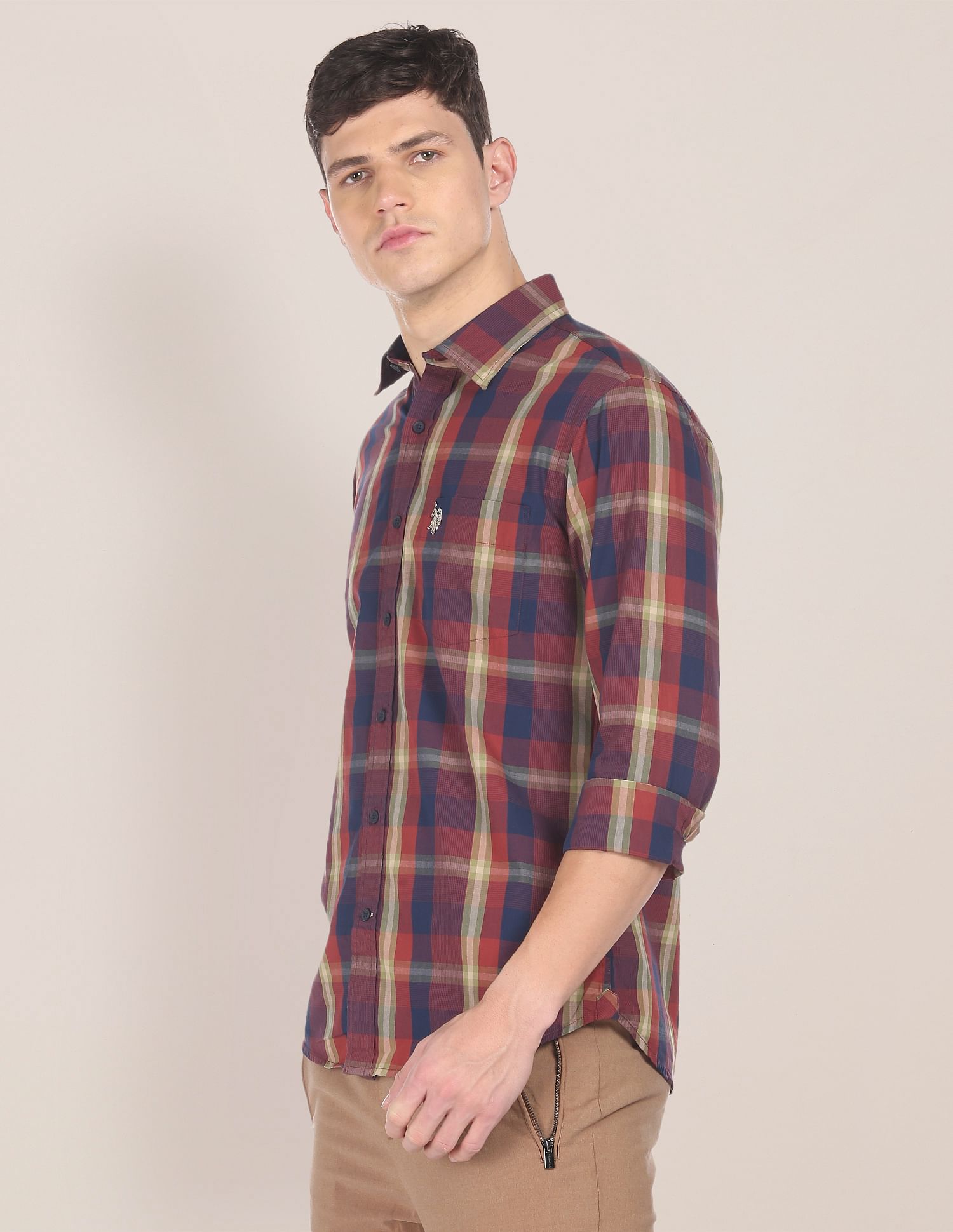 Men Maroon Spread Collar Check Casual Shirt Maroon - U.S. POLO ASSN. | Large