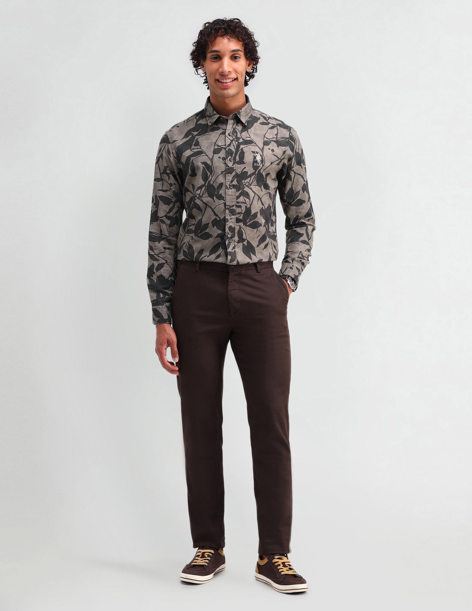 All-Over Pattern Poplin Shirt Brown - U.S. Polo Assn. India | Large
