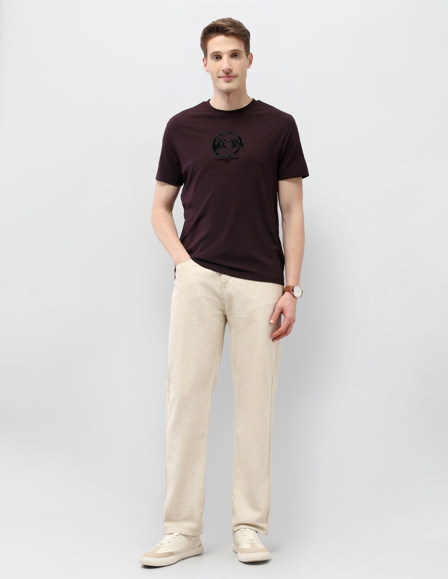 Solid Slim Fit Black & Gold T-Shirt Wine - U.S. Polo Assn. India | Large