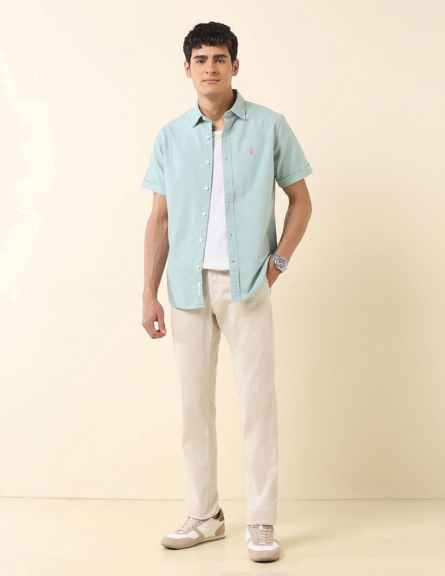 Tailored Fit Solid Pure Cotton Shirt Mint - U.S. Polo Assn. India | Large