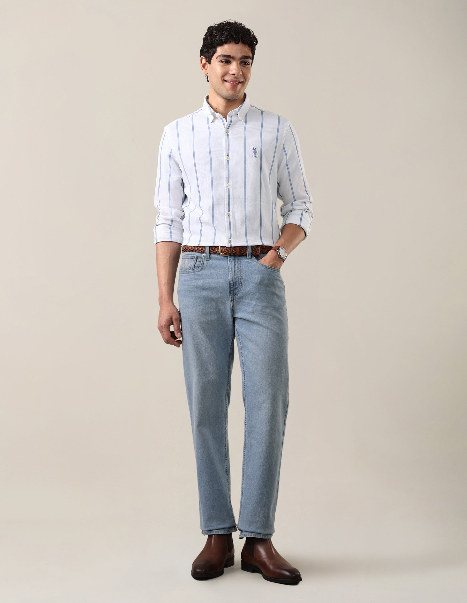 Self Design Vertical Striped Regular Fit Shirt Light Indigo - U.S. Polo Assn. India | Large