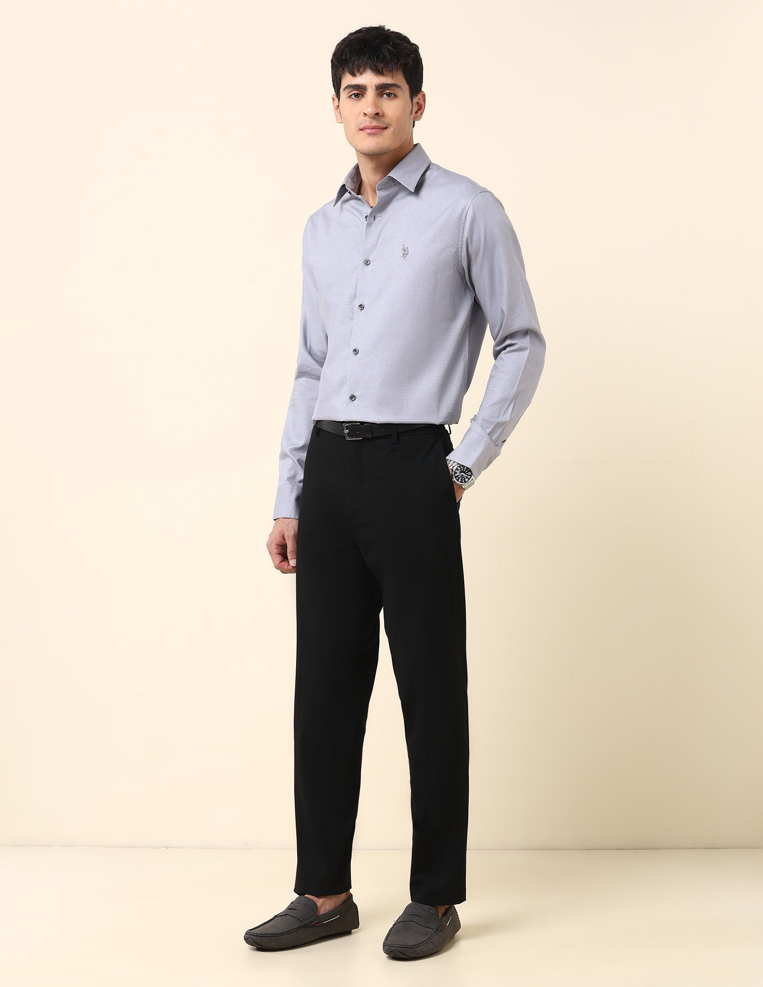 Tailored Fit Textured Shirt Light Grey - U.S. Polo Assn. India | Large