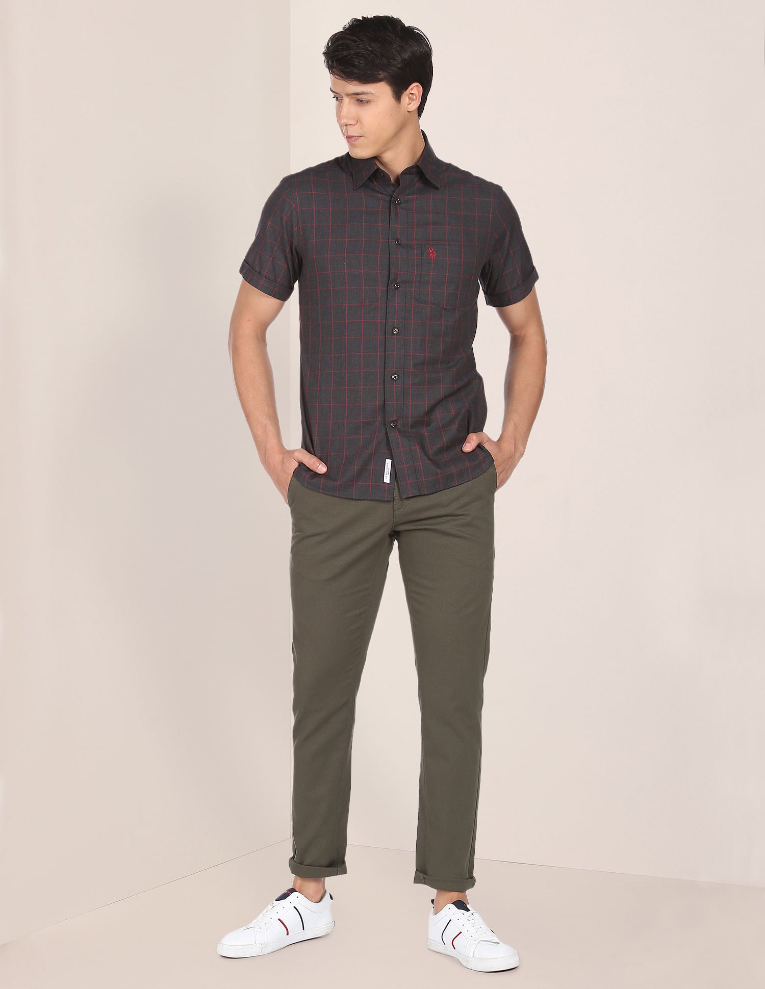 Short Sleeve Windowpane Check Casual Shirt Charcoal - U.S. Polo Assn. India | Large