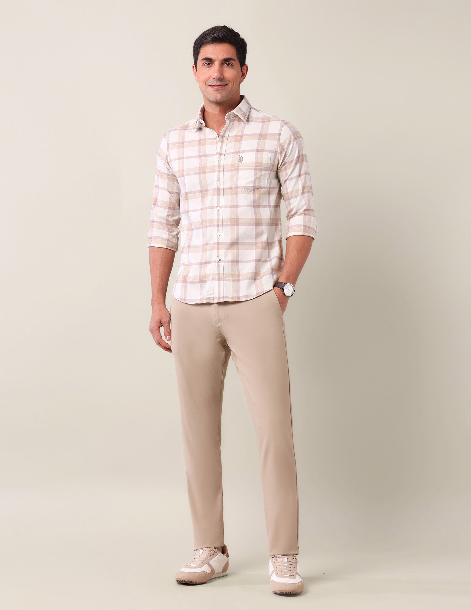 Tailored Fit Grid Tattersall Checked Shirt Ecru - U.S. Polo Assn. India | Large