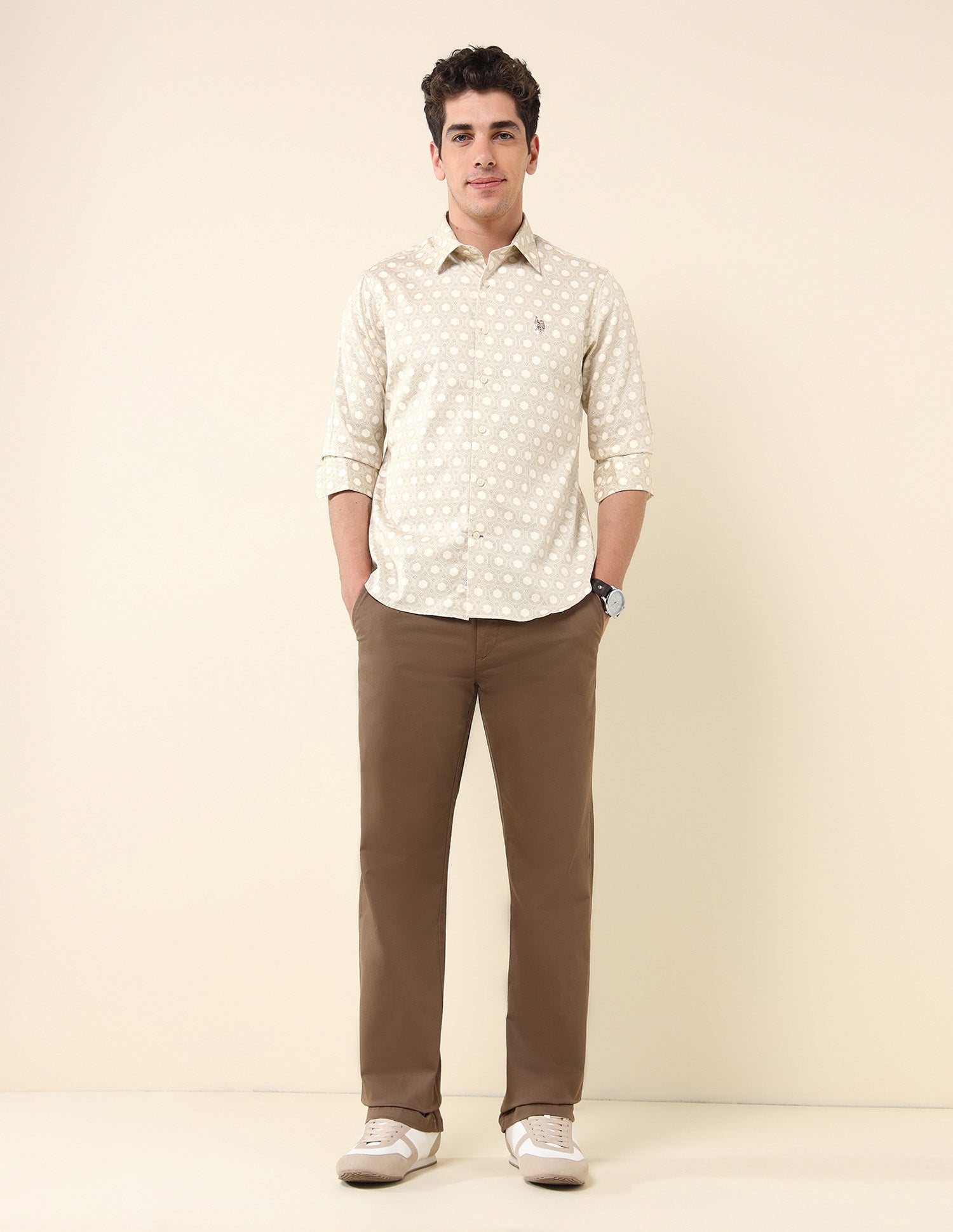 Geometric Printed Pure Cotton Shirt Light Khaki - U.S. Polo Assn. India | Large