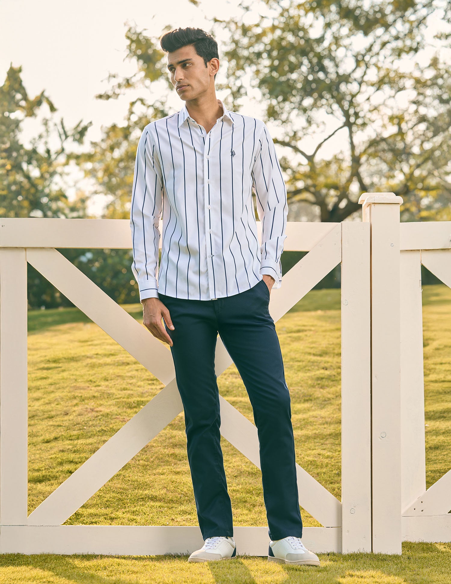 Pacho X Vertical Striped Tailored Fit Shirt White - U.S. Polo Assn. India | Large