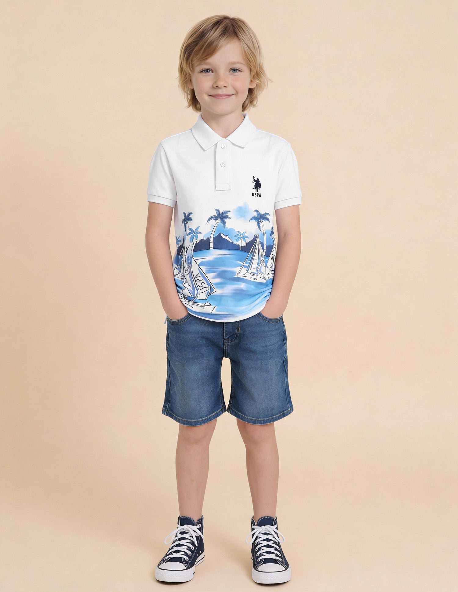 Boys Graphic Printed Regular Fit Polo Shirt White - U.S. Polo Assn. India | Large