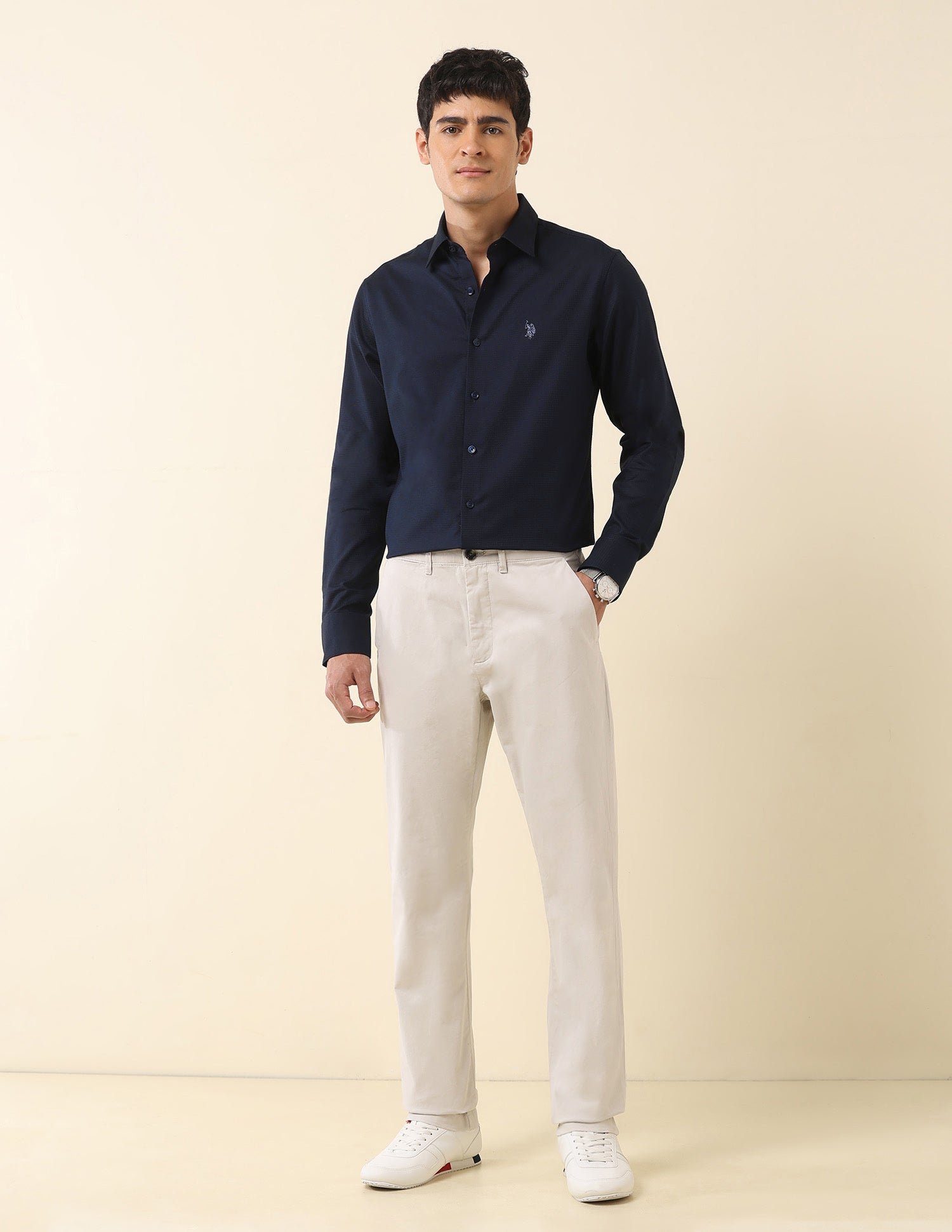 Tailored Fit Solid Pure Cotton Shirt Navy - U.S. Polo Assn. India | Large