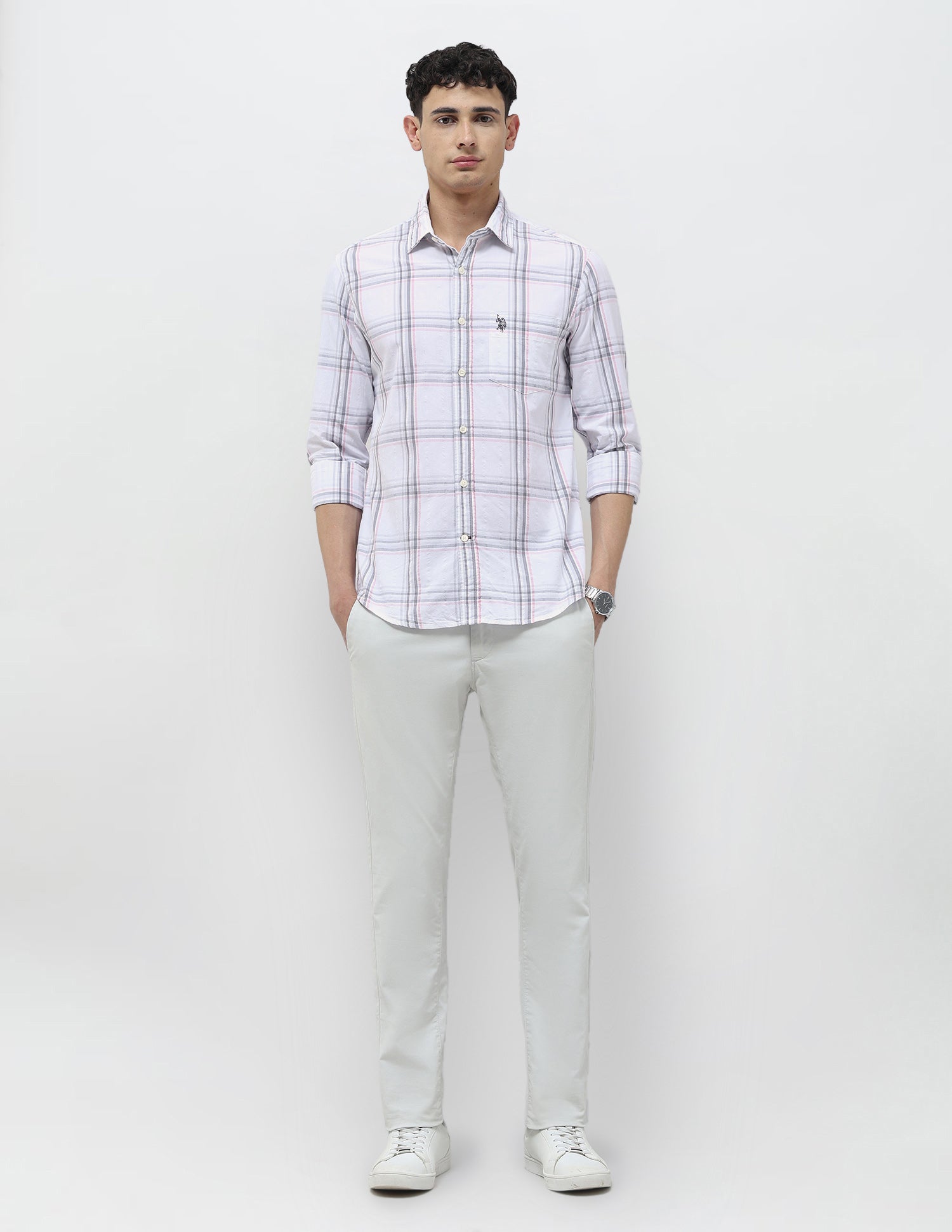 Seersucker Tailored Fit Shirt Light Grey - U.S. Polo Assn. India | Large