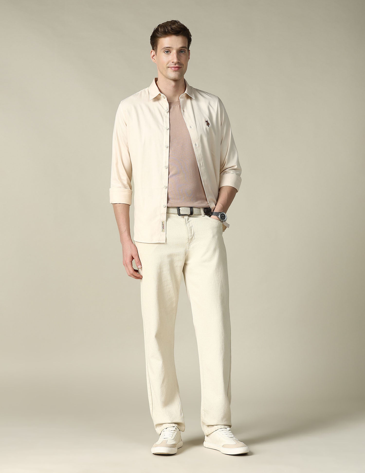 Twill Regular Fit Shirt Cream - U.S. Polo Assn. India | Large