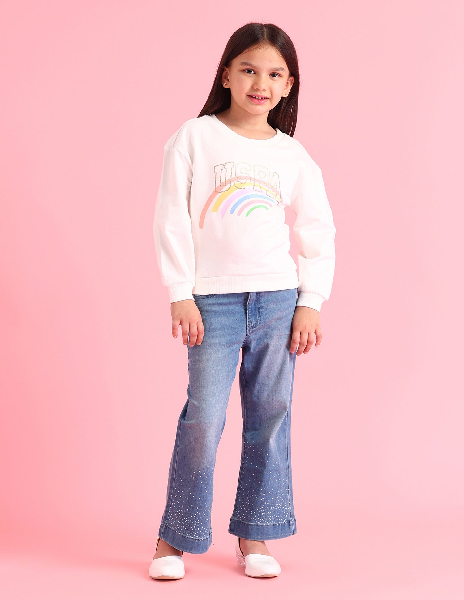 Girls Graphic Printed Regular Fit Sweatshirt Cream - U.S. POLO ASSN. | Large