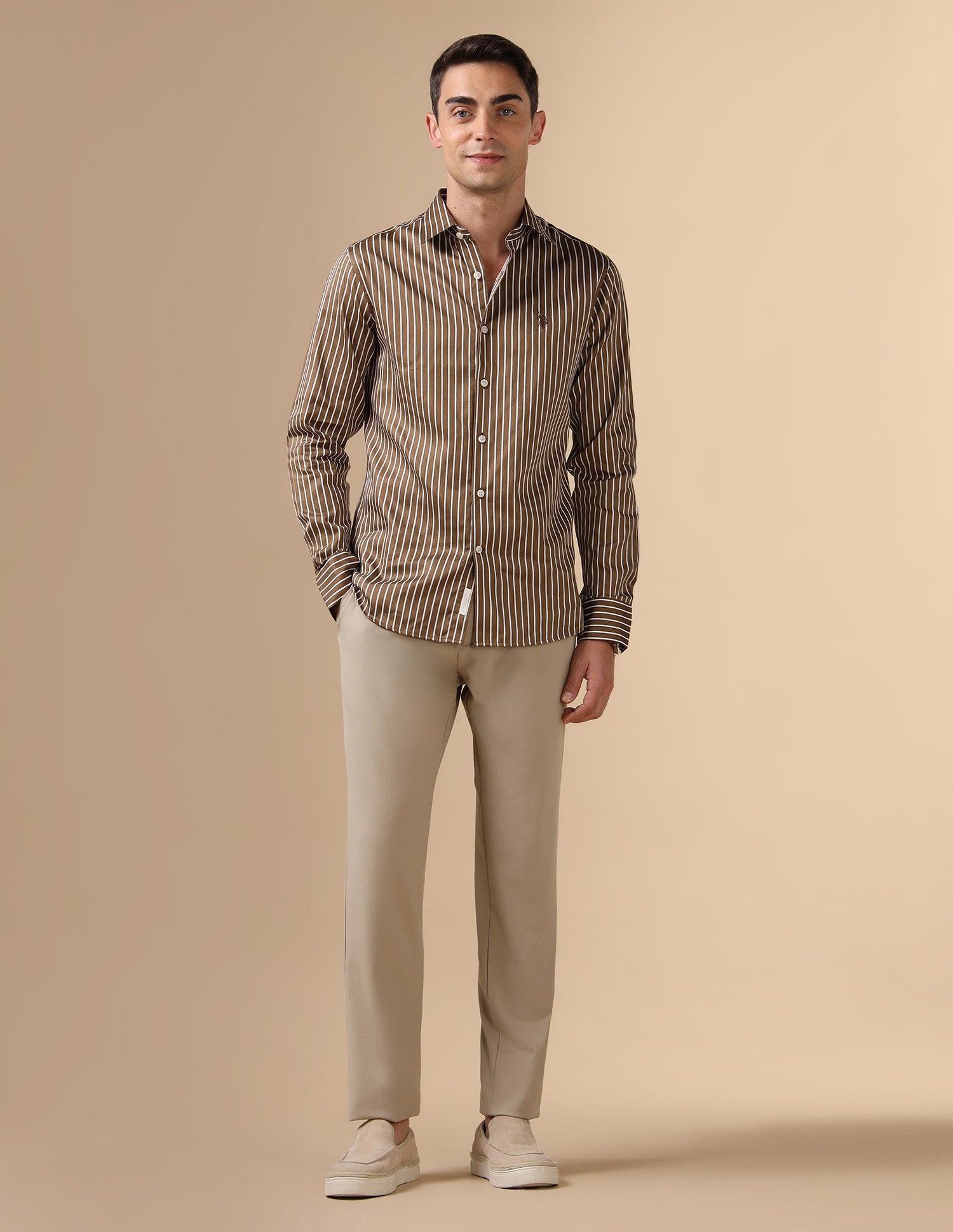 Vertical Striped Pure Cotton Shirt Brown - U.S. POLO ASSN. | Large