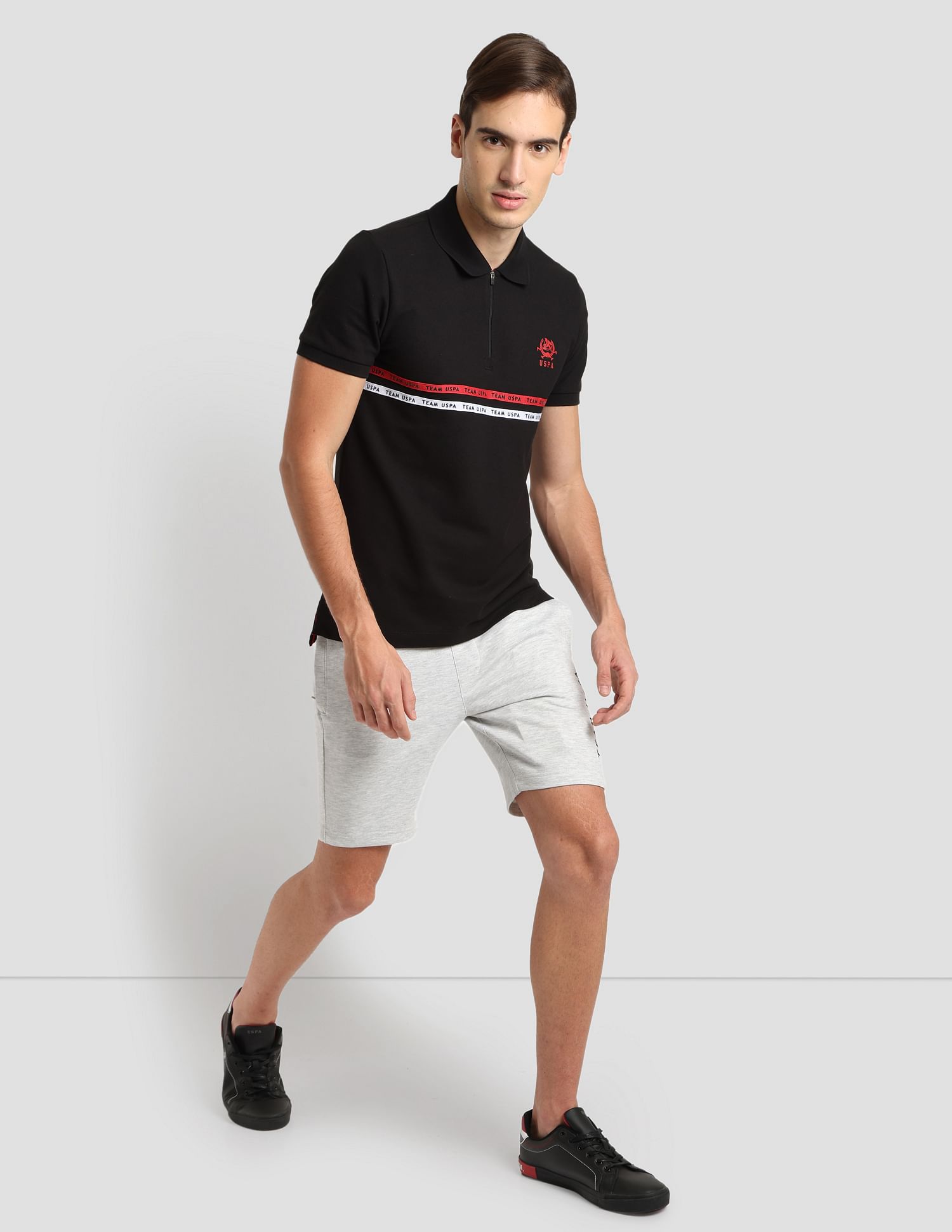 Brand Tape Zipper Active Polo Shirt Black - U.S. POLO ASSN. | Large