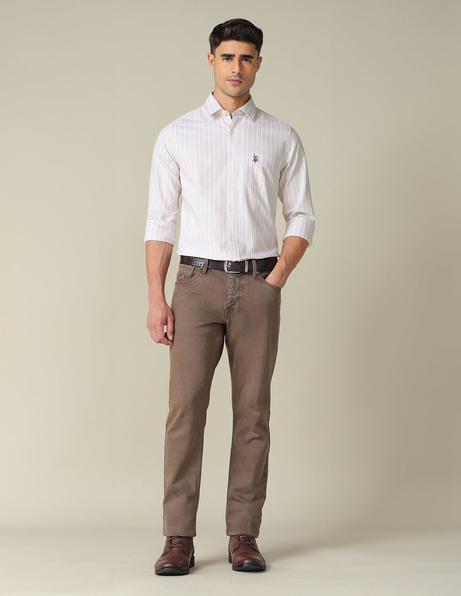 Vertical Striped Tailored Fit Shirt Beige - U.S. POLO ASSN. | Large