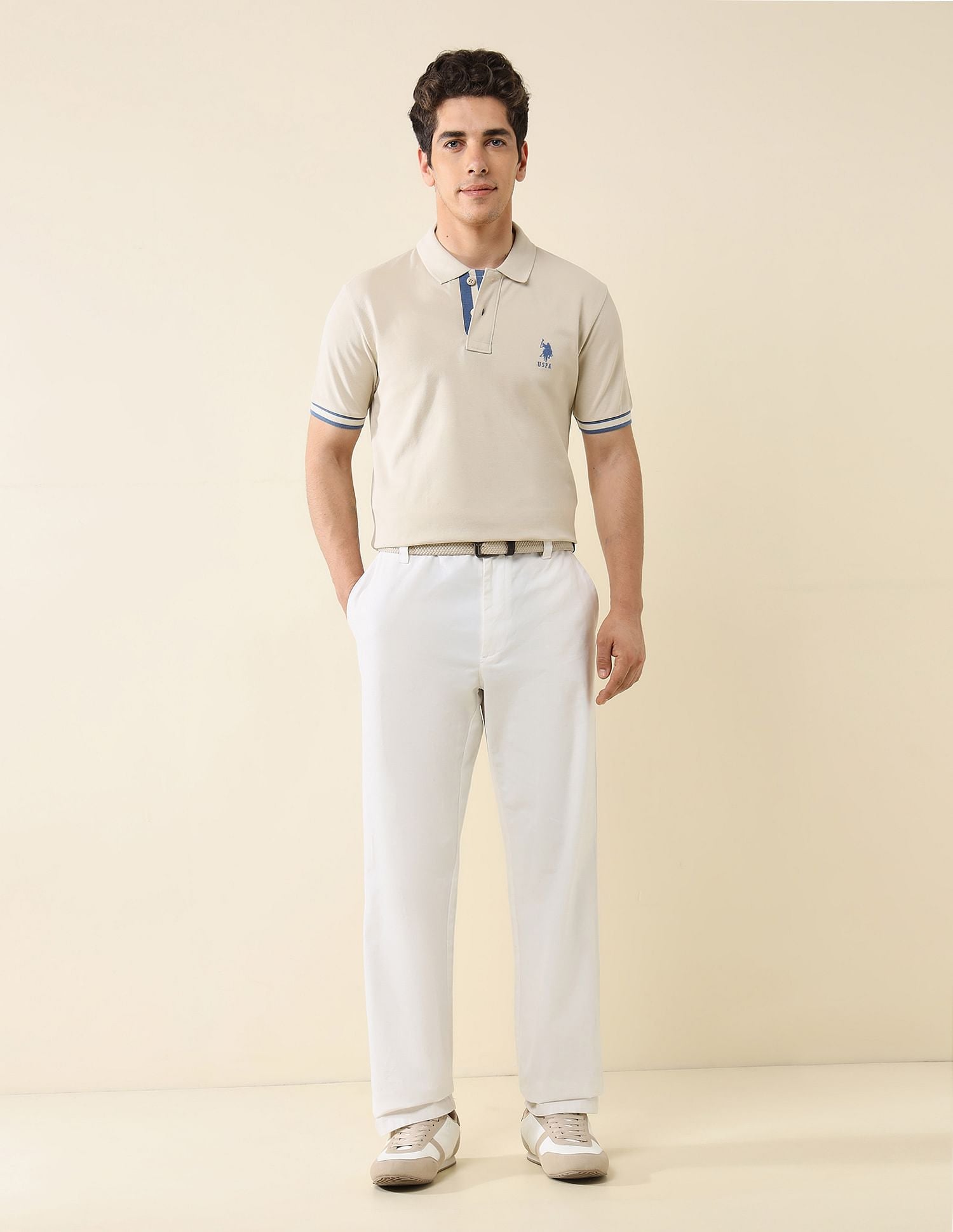 Striped Placket Slim Fit Polo Shirt Beige - U.S. Polo Assn. India | Large