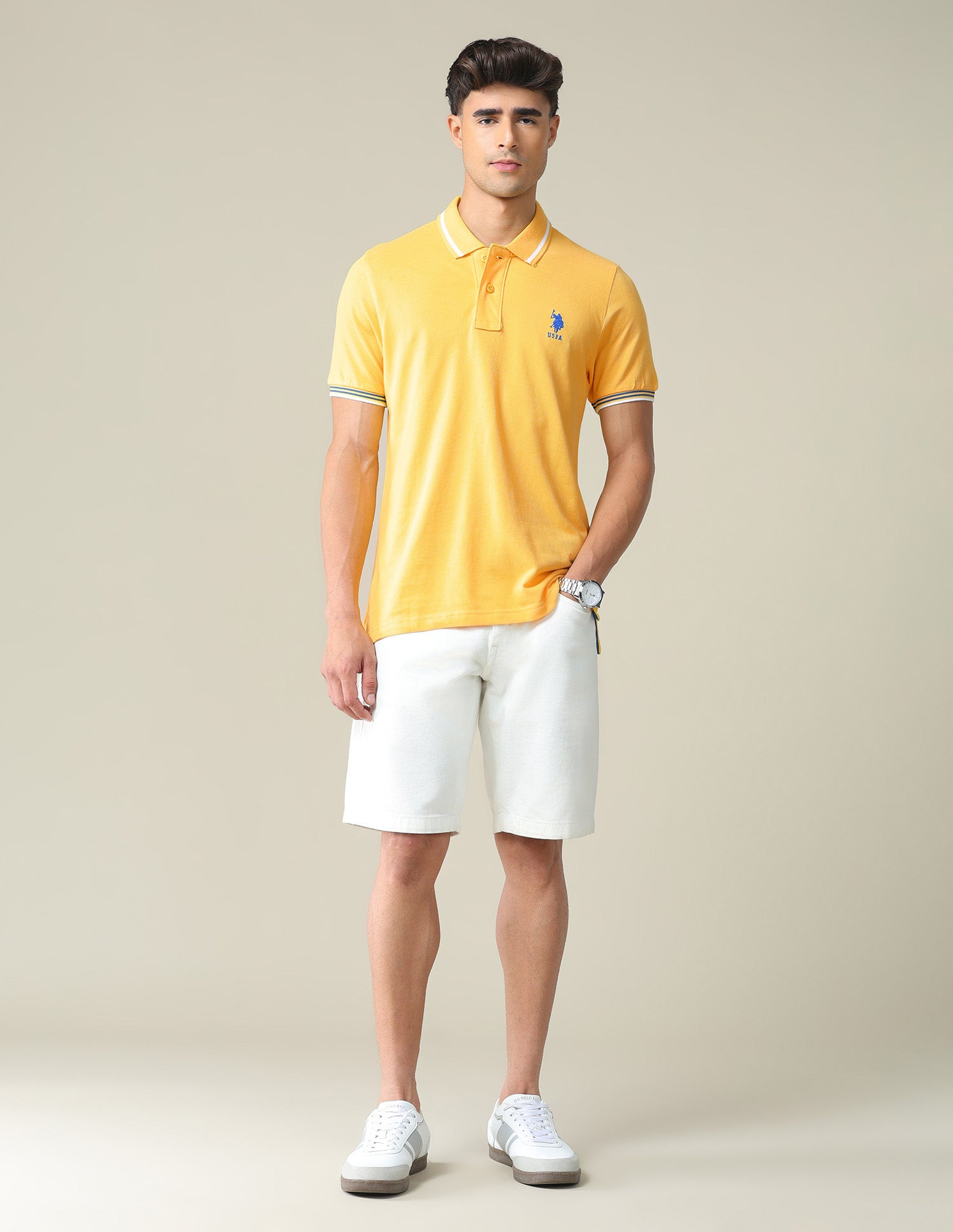 Striped Collar Pique Polo Shirt Mustard - U.S. POLO ASSN. | Large