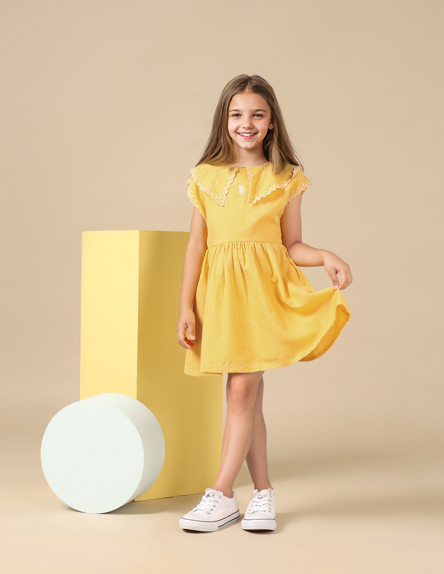 Girls Embroidered Collar Pure Cotton Dress Light Yellow - U.S. POLO ASSN. | Large