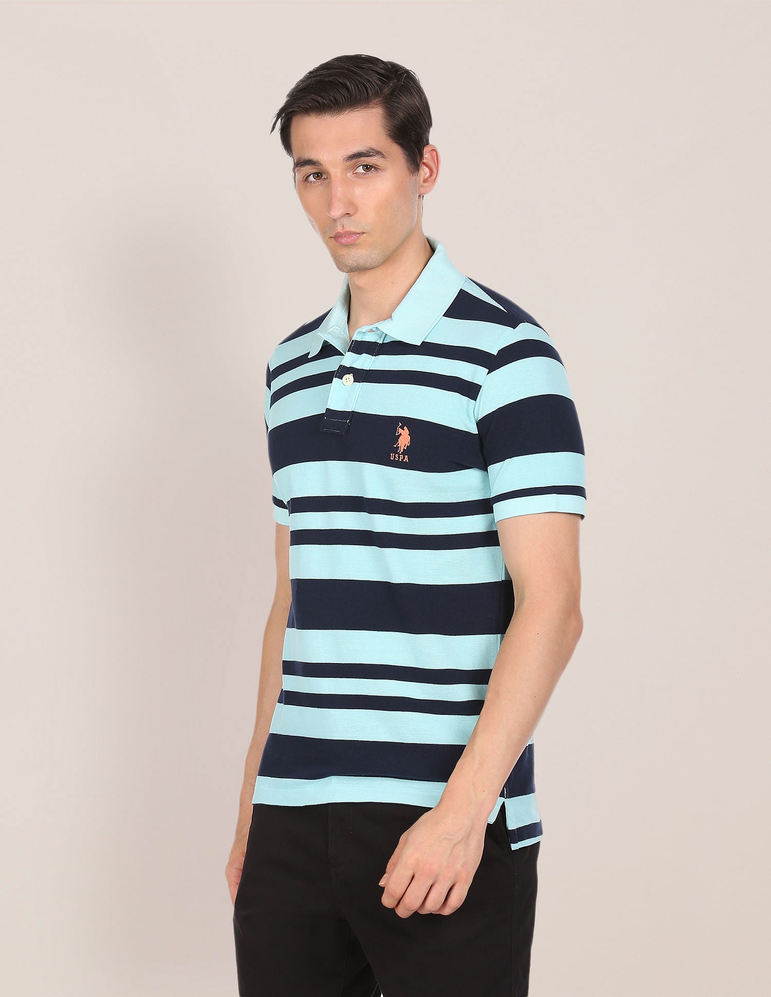 Ribbed Collar Striped Polo Shirt Aqua and Navy - U.S. Polo Assn. India | Large