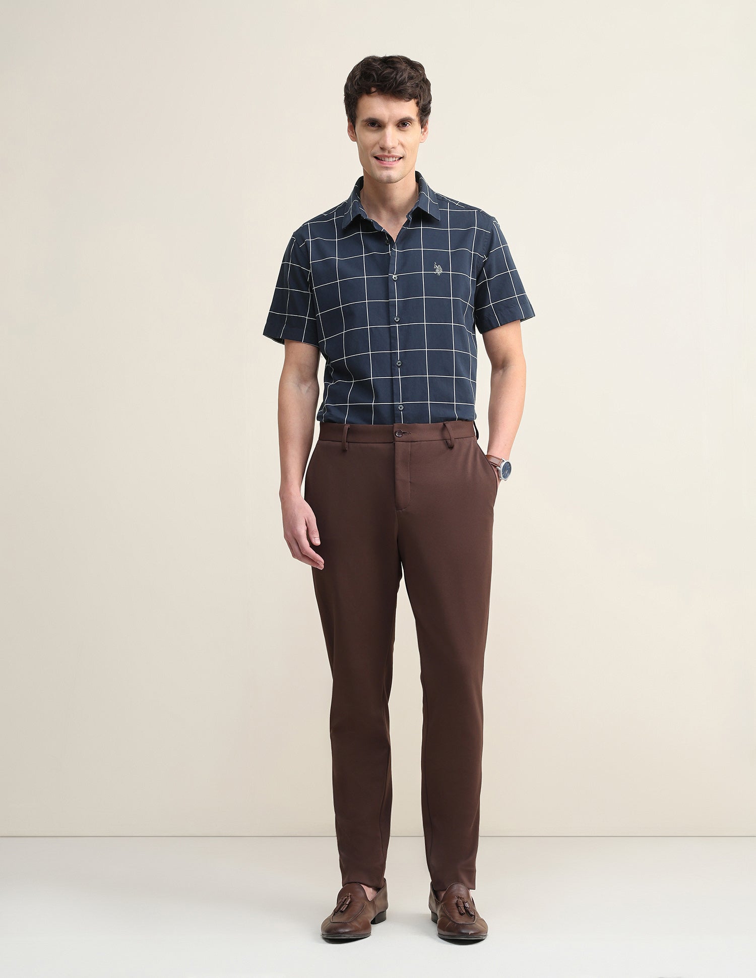 Windowpane Checked Twill Shirt Navy - U.S. Polo Assn. India | Large