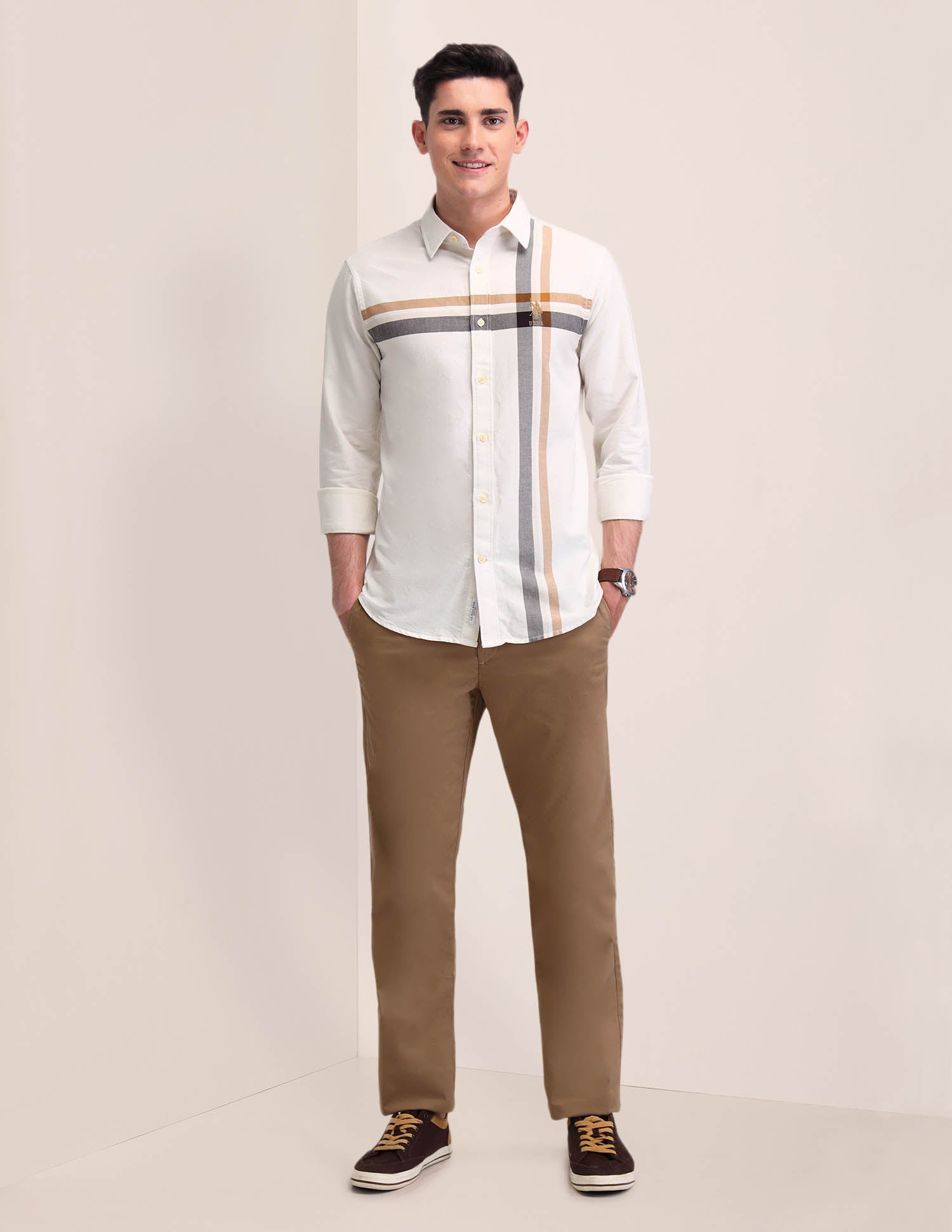 Vertical Striped Tailored Fit Shirt Off White - U.S. Polo Assn. India | Large